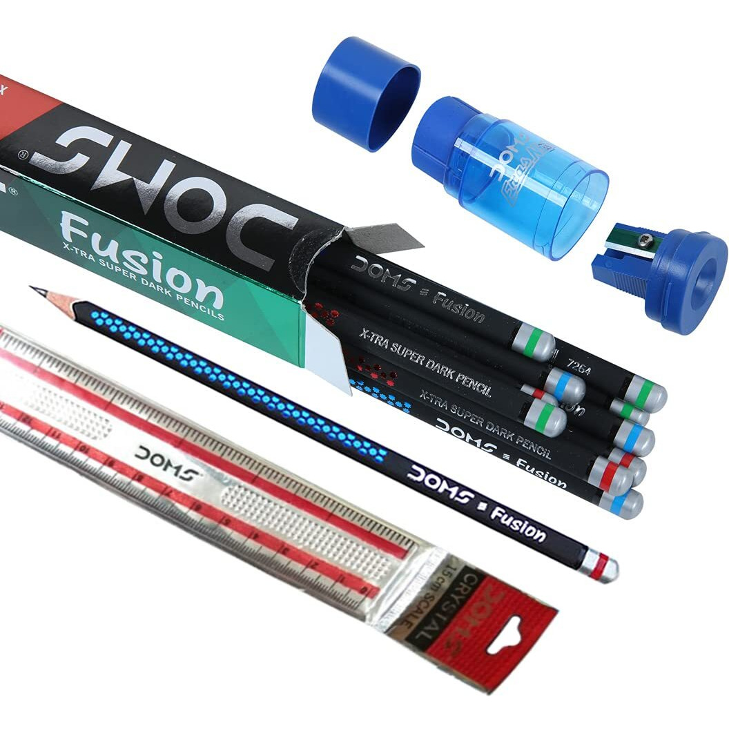 Doms Fusion Xtra Super Dark Pencil Box Pack | Dark & Neat Writing Which Stays Longer | Smooth Sharpning & With Soft & Comfortable Grip | Free Scale & Erasner Inside | Pack Of 30 Pencils