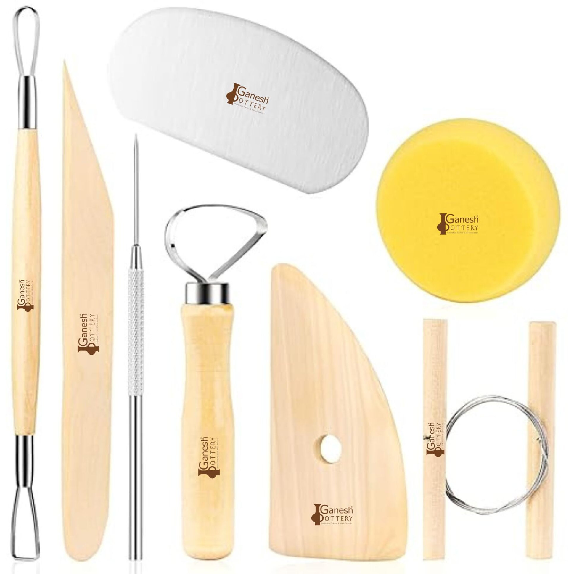 Ganesh Pottery 8 Pcs Wooden Pottery Tool Kit For Sculpting Clay Cleaning Includes Sponge Clay Cutting Modeling Trimming Tools For Beginner Level Pottery Smoothing Cleaning Carving Shaping Sculpting