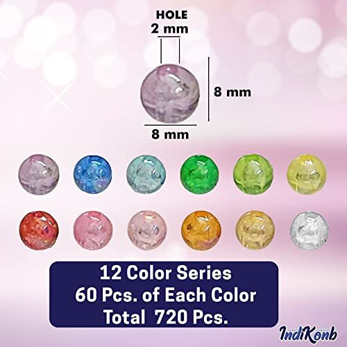 Indikonb 720 Pcs Multi Colour Pearl Beads - 8 Mm 12 Colors (60 Pcs Each) Multicolor Loose Spacer Beads With Hole For Jewelry Making, Round Rainbow Beads For Diy Craft Bracelet Necklace Earrings (8Mm)