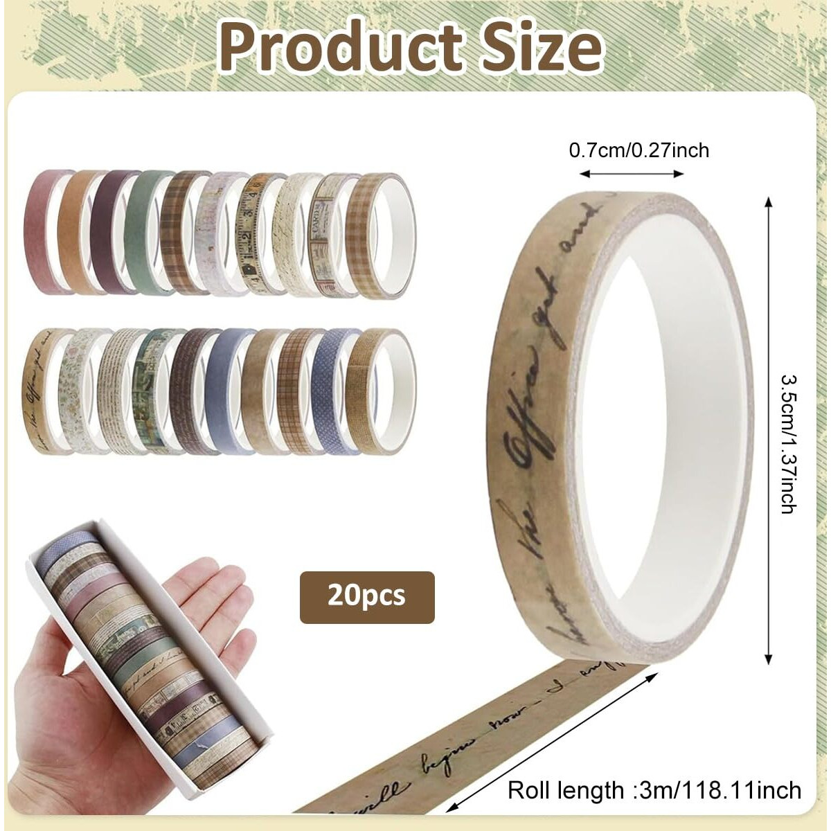 Hasthip 20Rolls Vintage Washi Tape Set, 0.7Cm X 3M Narrow Washi Tape Diy Scrapbooking Decoration, Retro Decorative Antique Patterns Masking Tapes For Arts, Diy Crafts, Journals, Planners, Scrapbook