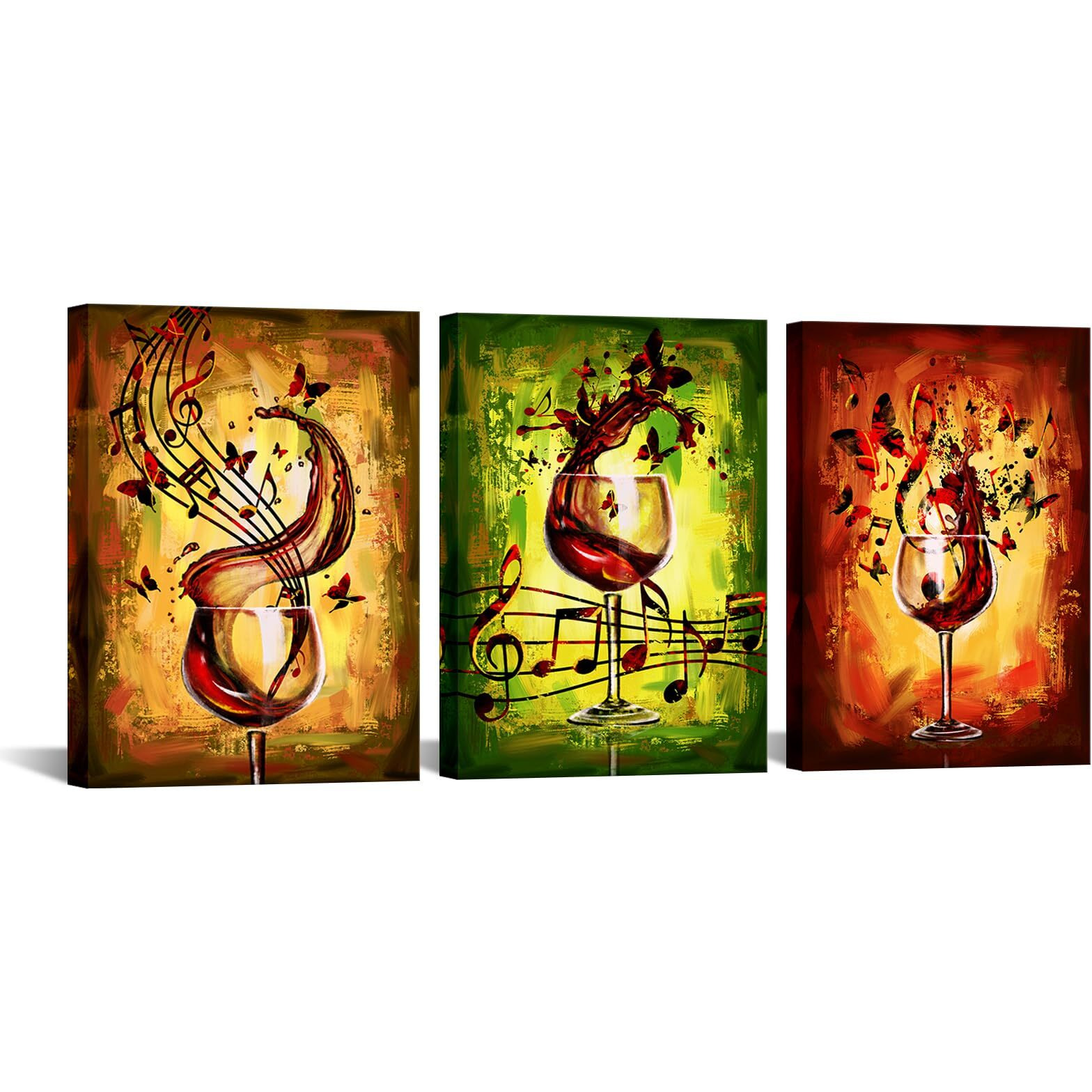 Iknow Foto Framed Ready To Hang 3 Piece Canvas Wall Art - 12X16 Inch Panels, Red Wine Glass And Music Note Abstract Rustic Painting, Giclee Prints For Kitchen, Bar, And Dining Room Decor