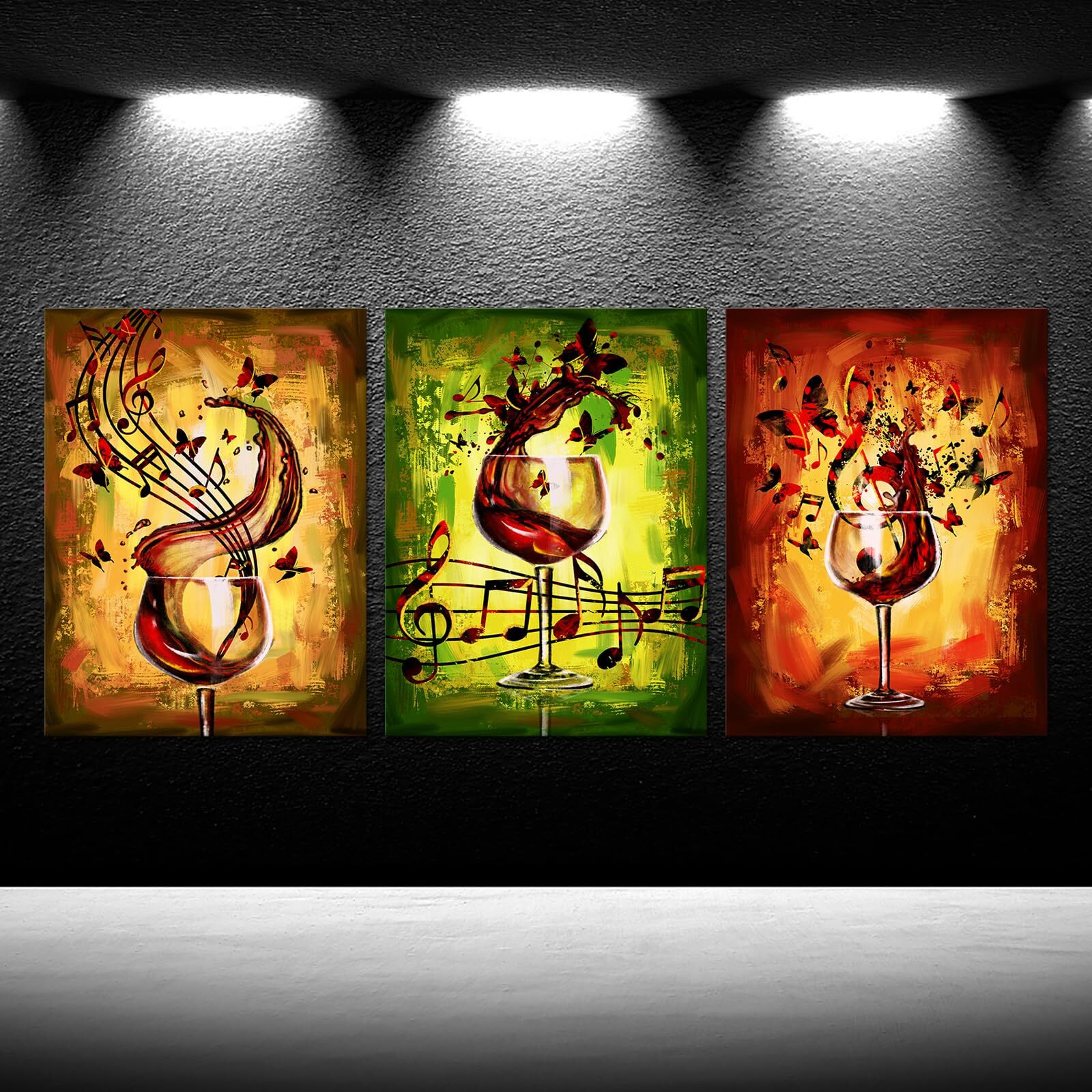 Iknow Foto Framed Ready To Hang 3 Piece Canvas Wall Art - 12X16 Inch Panels, Red Wine Glass And Music Note Abstract Rustic Painting, Giclee Prints For Kitchen, Bar, And Dining Room Decor