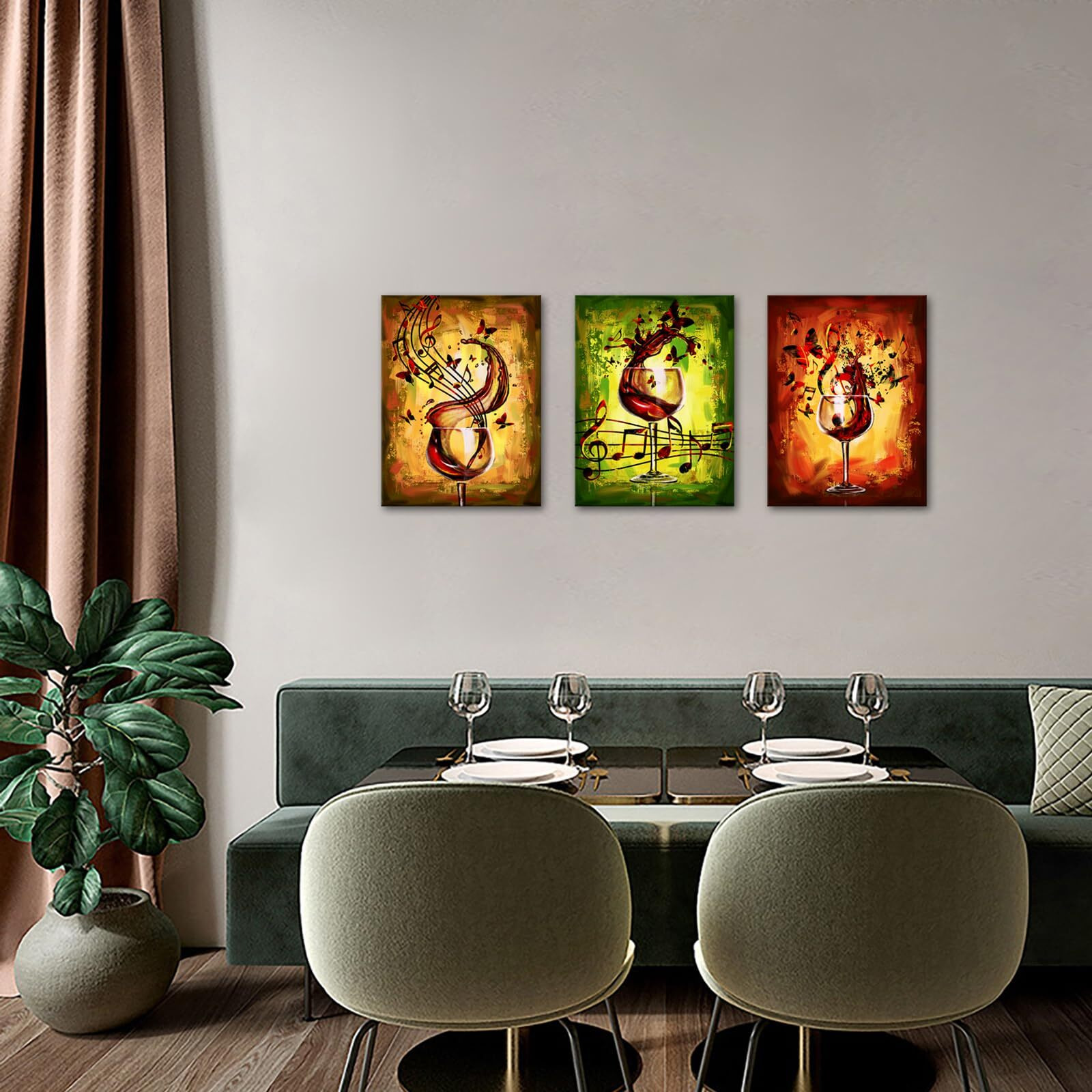 Iknow Foto Framed Ready To Hang 3 Piece Canvas Wall Art - 12X16 Inch Panels, Red Wine Glass And Music Note Abstract Rustic Painting, Giclee Prints For Kitchen, Bar, And Dining Room Decor