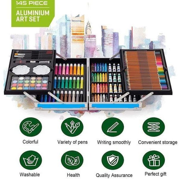 Exilom145-Piece Art Supplies Set For Kids, 2 Layers Drawing Supplies For Kids Boys Girls Ages 8 9 10 11 12, Portable Aluminum Case Art Kit,Gift For Teens Adults Beginner And Artists (Unicorn Blue)
