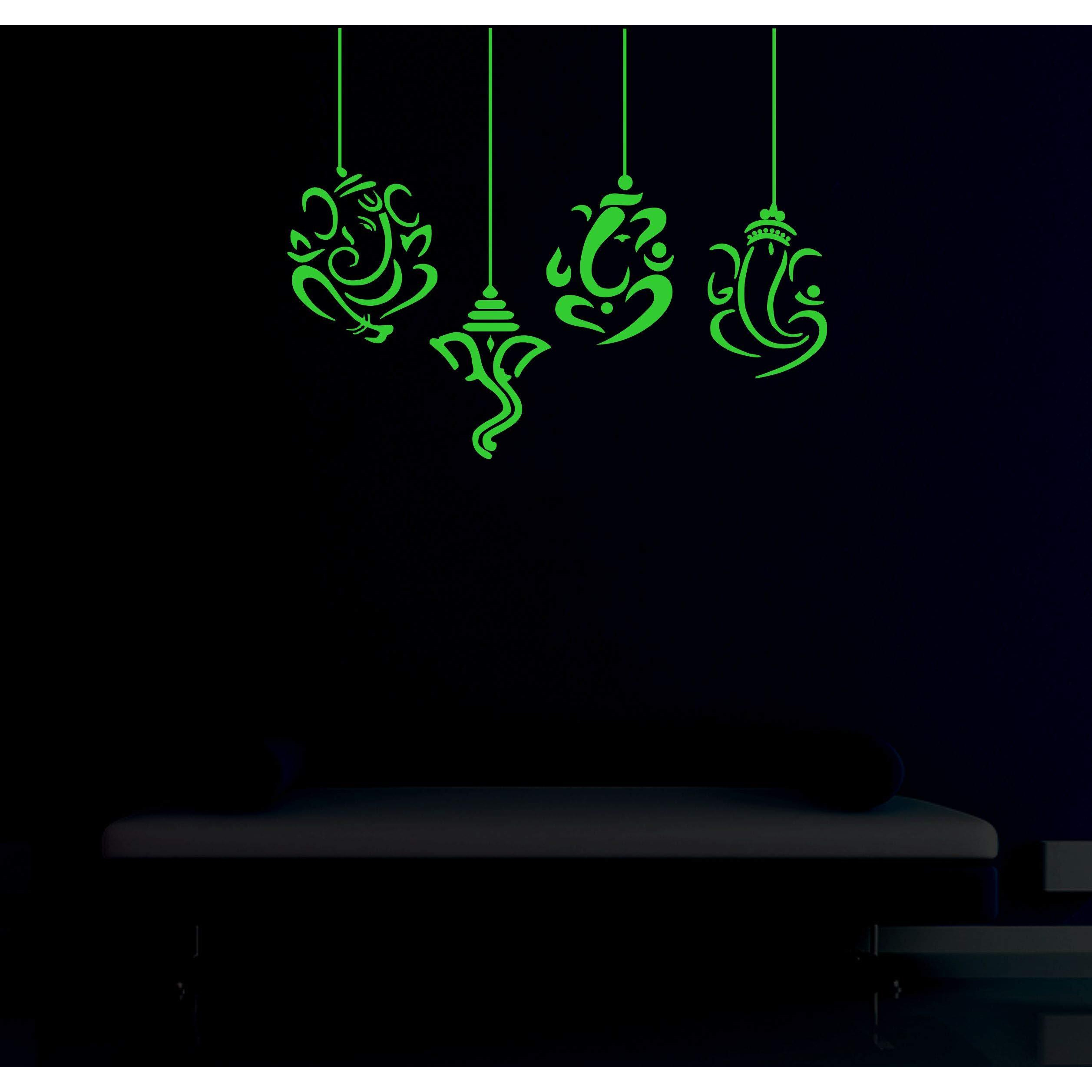 Dreamkraft Glow In Dark Ganesha Wall Sticker Redium Wall Sticker For Home Decor (Green, 35X28 Cm) Ganesha Glow Wall Sticker Festival Reflective Magic Return Gift