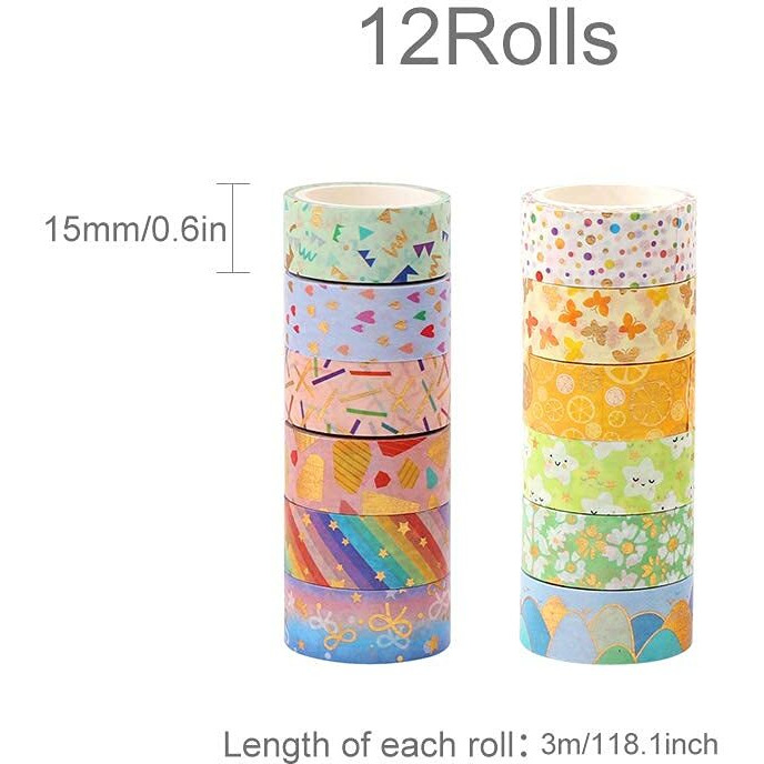 Hasthip 12 Rolls Cute Gold Foil Flower Decorative Masking Tape Scrapbooking Tape For Diy Art & Crafts And Gift Wrapping Holiday Decoration (Yellow)