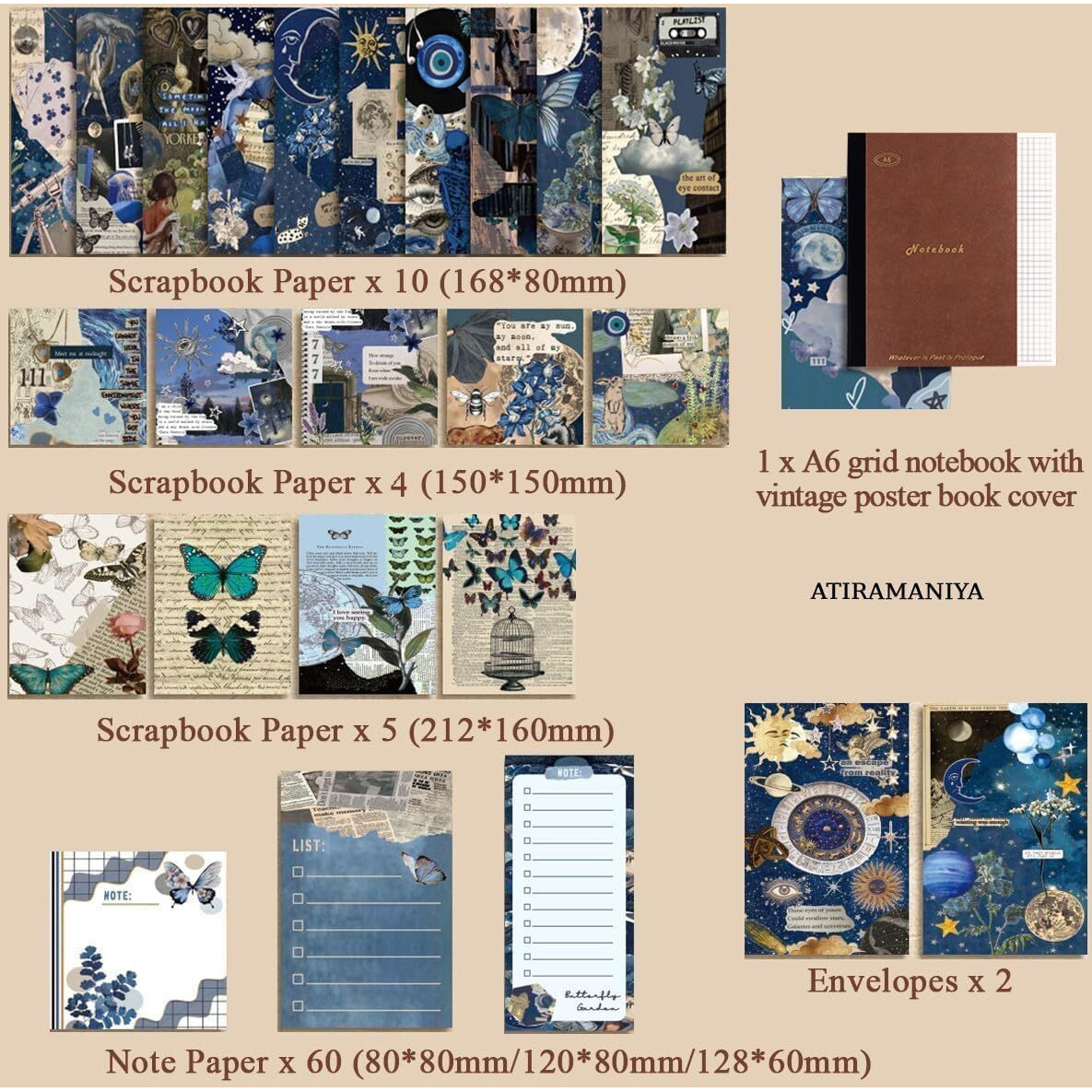 Lanloy A6 Grid Notebook Paper Vintage Aesthetic Scrapbook Kit, Attractive Cover Designs Supplies Kit With Bullet Junk Journal, Stationery Journaling Gift For Girl (Butterfly Scrapbook)