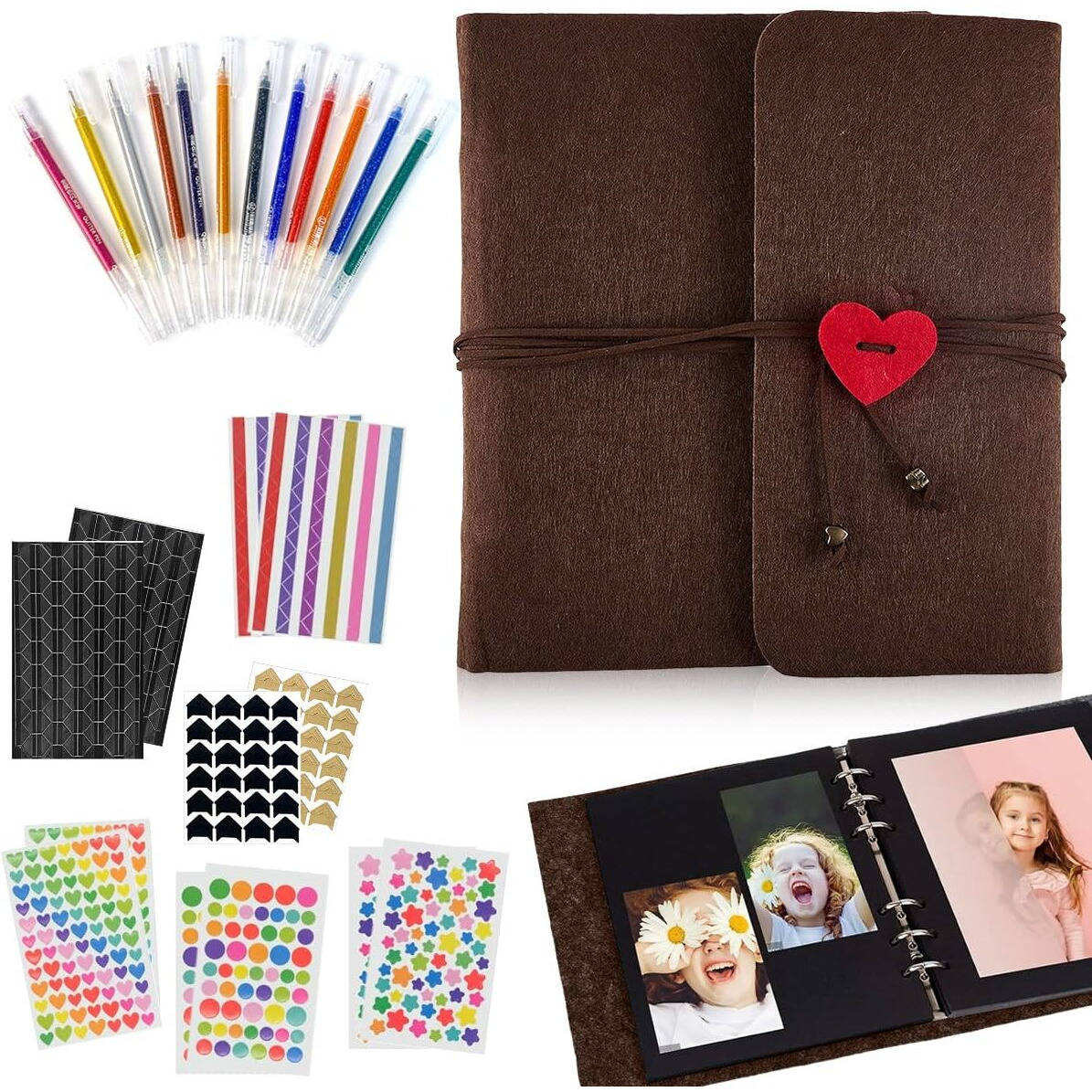 Hasthip Diy Photo Album 60 Pages With Color Stickers, Metallic Pen, Red Heart Closure, Felt Cover For Family, Graduations, Weddings, Scrapbooking, Memory Keeping