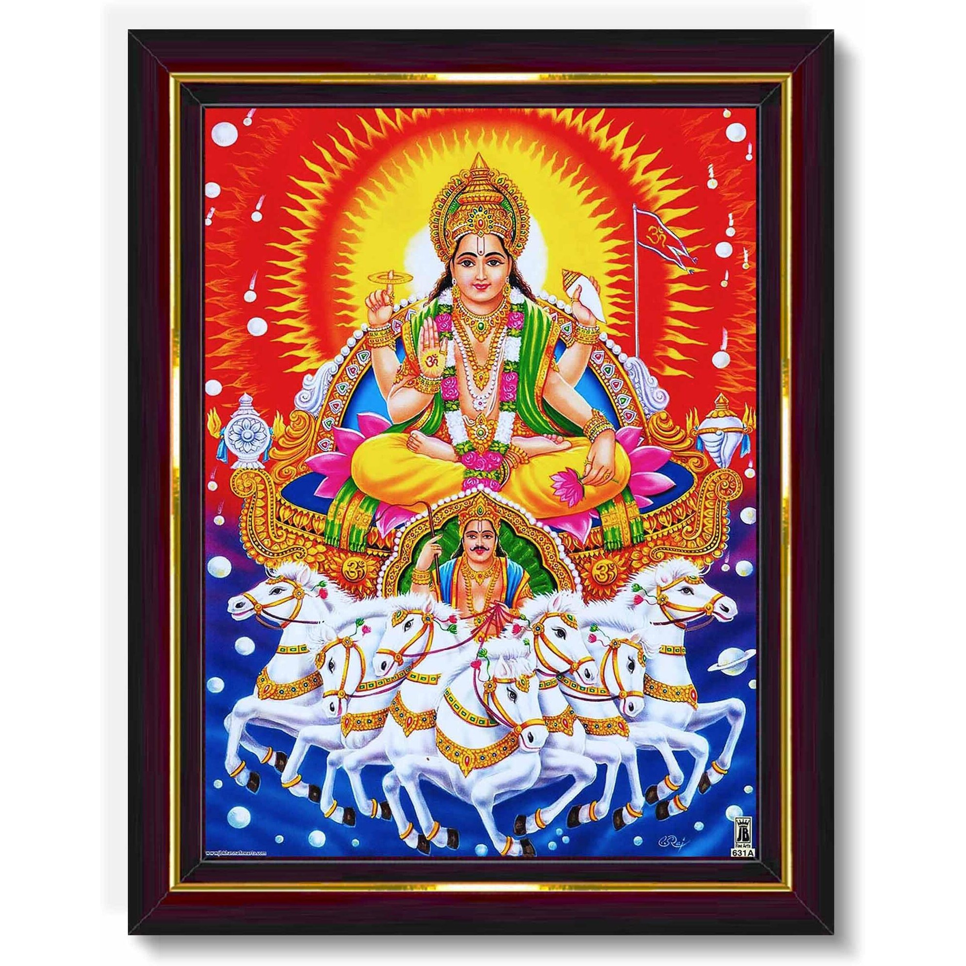 Pavan Photo Laminations Lord Surya Dev Bhagavan Bhagwan With 7 Horses Wall Painting Framed Home Decor (Wood,Matte,Brown,Small Size,6 X 8 Inch) B874S