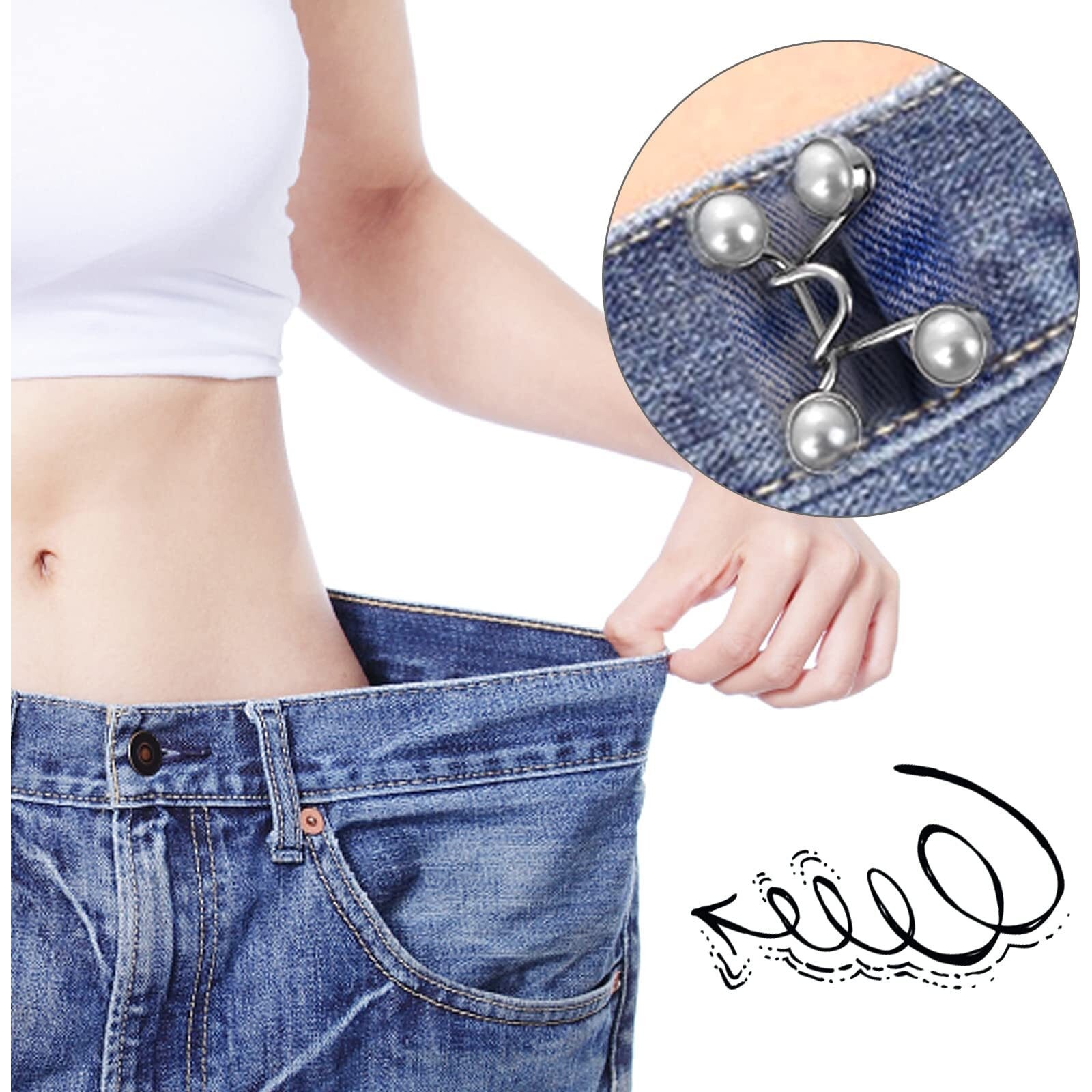 Adjustable Jean Button,2 Sets Jean Button Pins,Adjustable Waist Buckle Extender For Jeans,Waist Tightener Instant Clips For Loose Jeans Skirts(White Pearl)