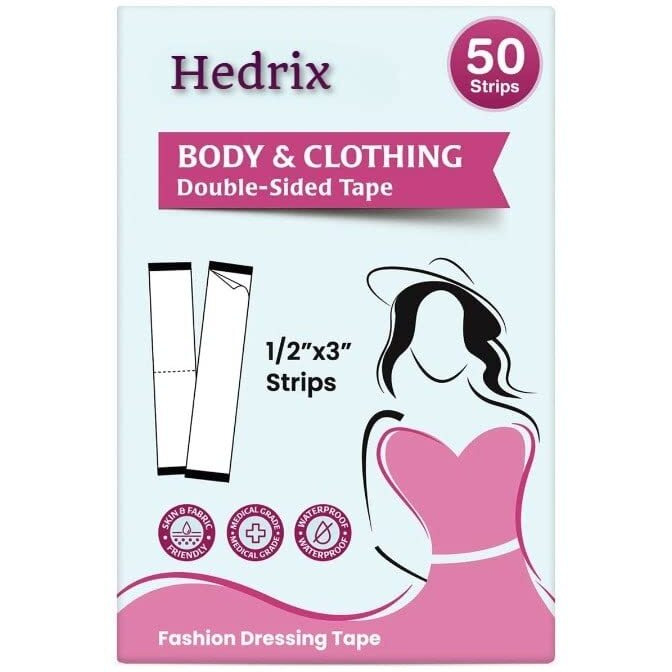 Hedrix (50 Strips) Fashion Dressing Tapes For Clothing, Double Sided Skin Tape For Clothes, Garment, And Body, Invisible Sticking Tape Adhesive, All Day Strength Stick Tape Adhesive