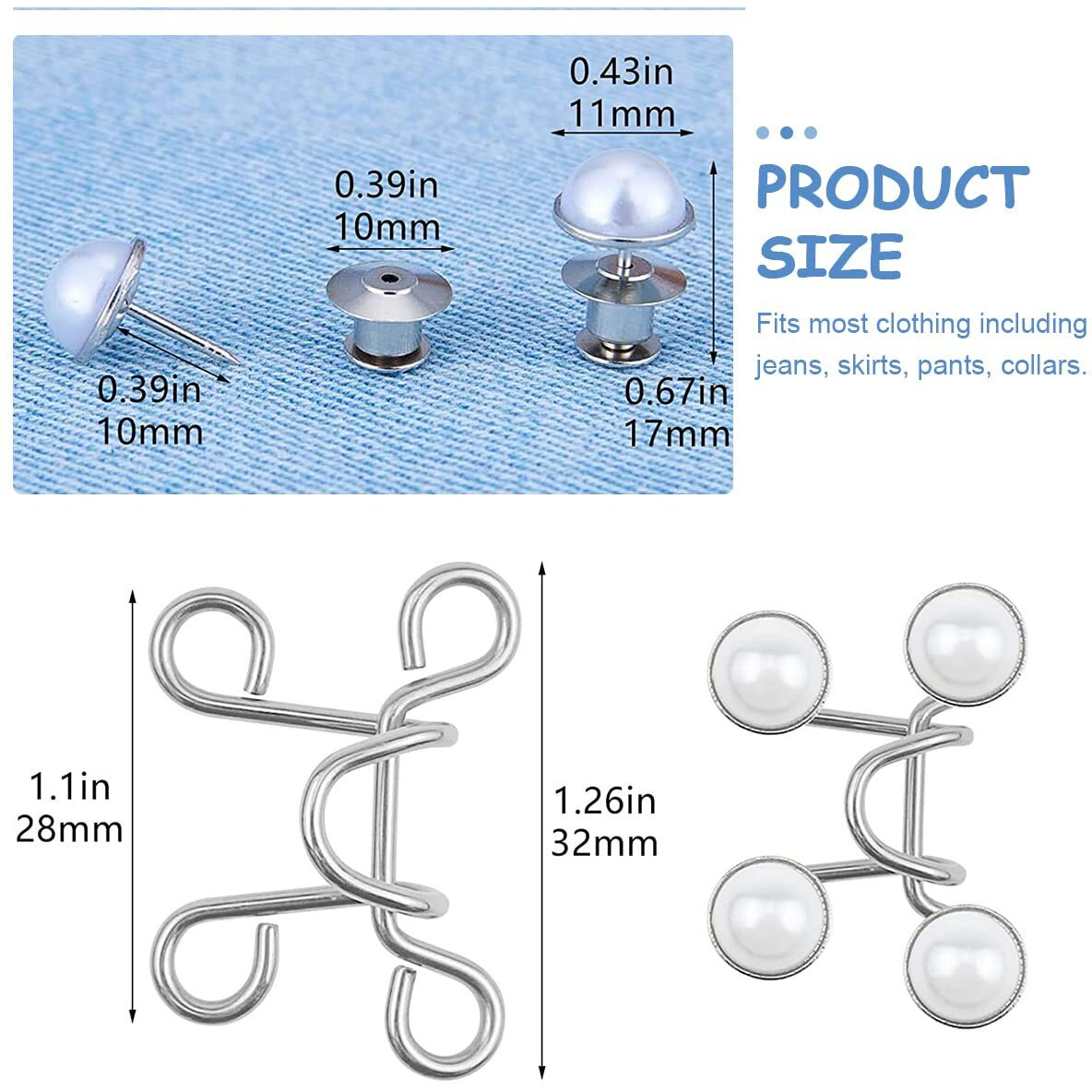 Sannidhi 4Pcs Adjustable Waist Buckle For Loose Jeans Pants, Pearl Detachable Instant Jeans Button Pins Waist Tightener Set, Make The Waist Fit For Skirt Pants Robe, No Sewing Required