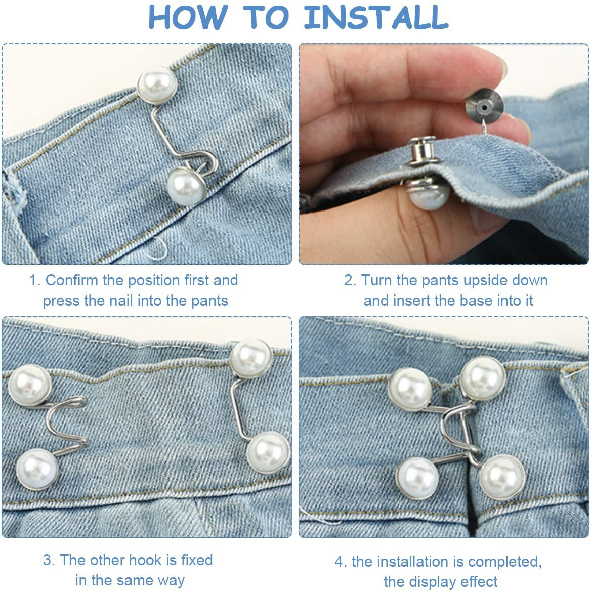 Sannidhi 4Pcs Adjustable Waist Buckle For Loose Jeans Pants, Pearl Detachable Instant Jeans Button Pins Waist Tightener Set, Make The Waist Fit For Skirt Pants Robe, No Sewing Required