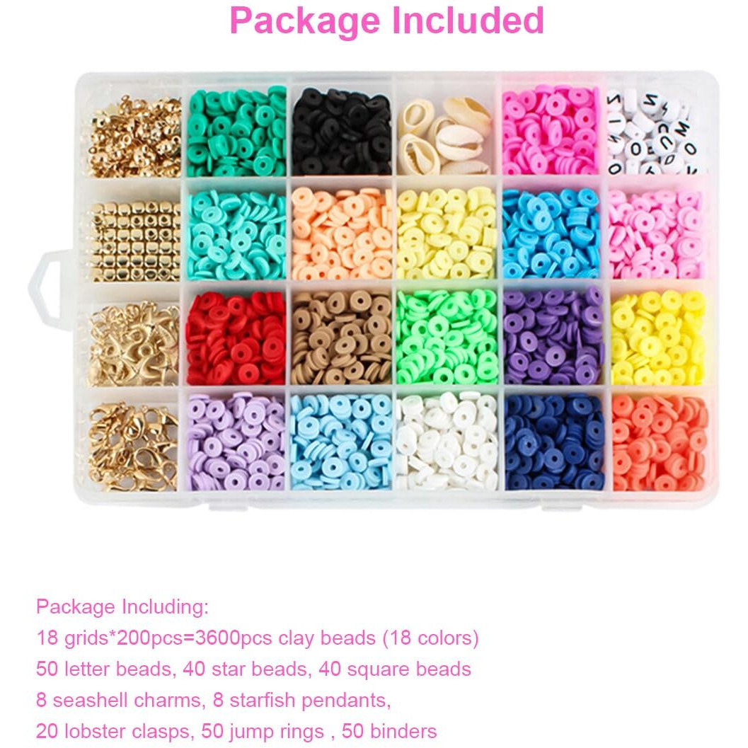 Venzina 4000Pcs Clay Beads For Jewellery Making, 18 Colors Polymer Clay Beads Kit, Beads For Bracelet Making, Spacer Beads Set With Cute Charms And Tools For Girls Women Necklaces Diy Crafts