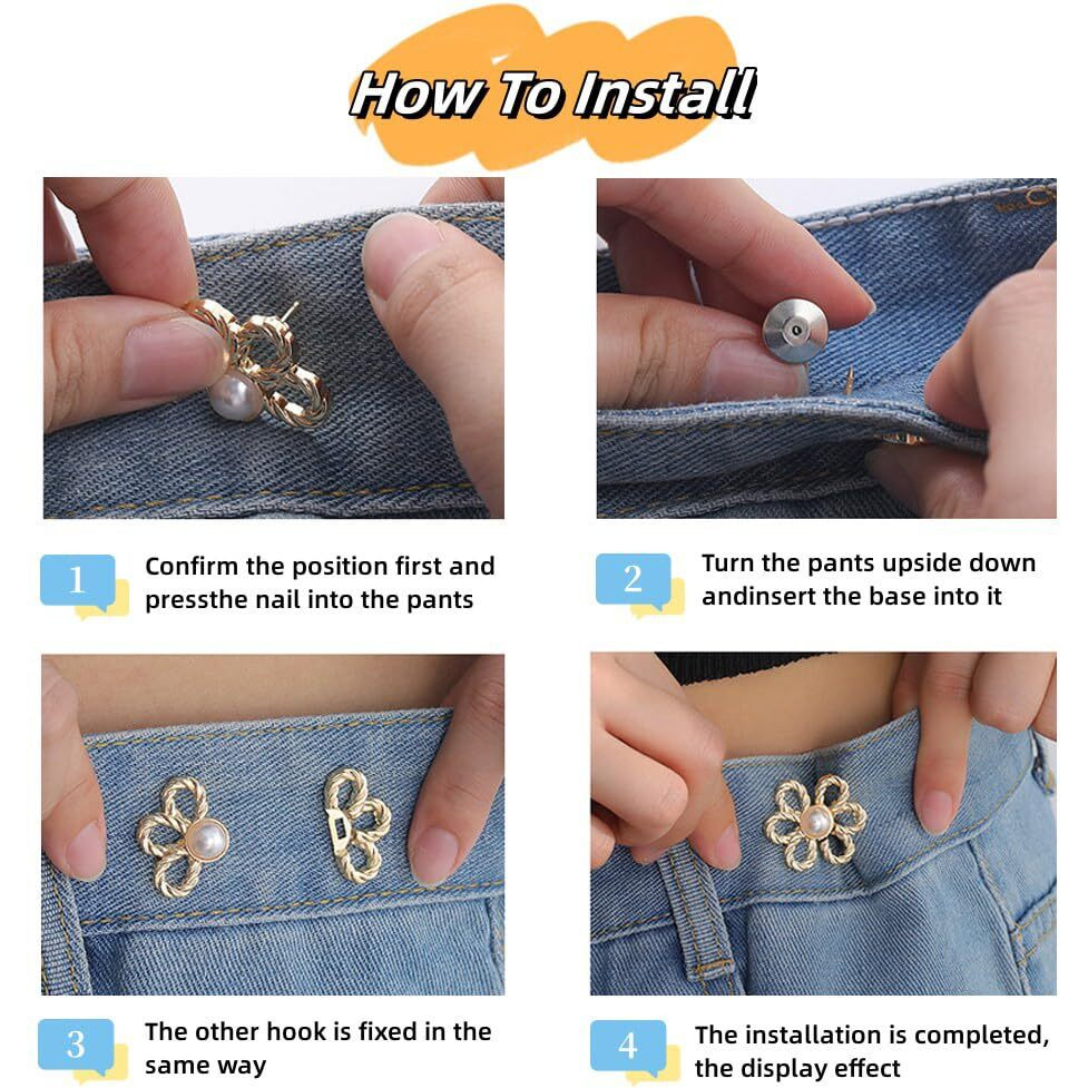 2 Sets Pant Waist Tightener, Adjustable Buttons Pins For Loose Jeans, No Sewing Waistband Extenders Pants Clips For Women Skirt (Flower)