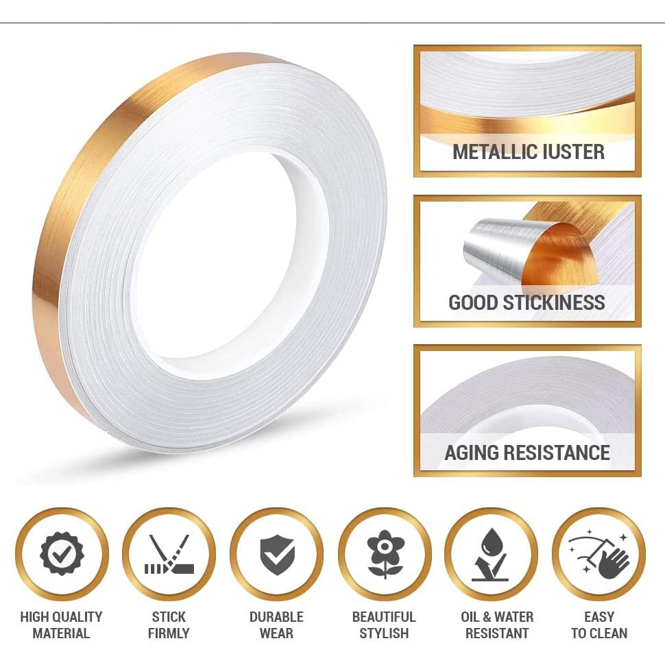 Voiish Floor Tiles Gold Foil Lines Metalized Mirror Tape Self-Adhesive Tile Seam Sticker Waterproof Gap Sealing Foil Decor Tape For Wall Cabinet Kitchen (1Cm X 50Meter)