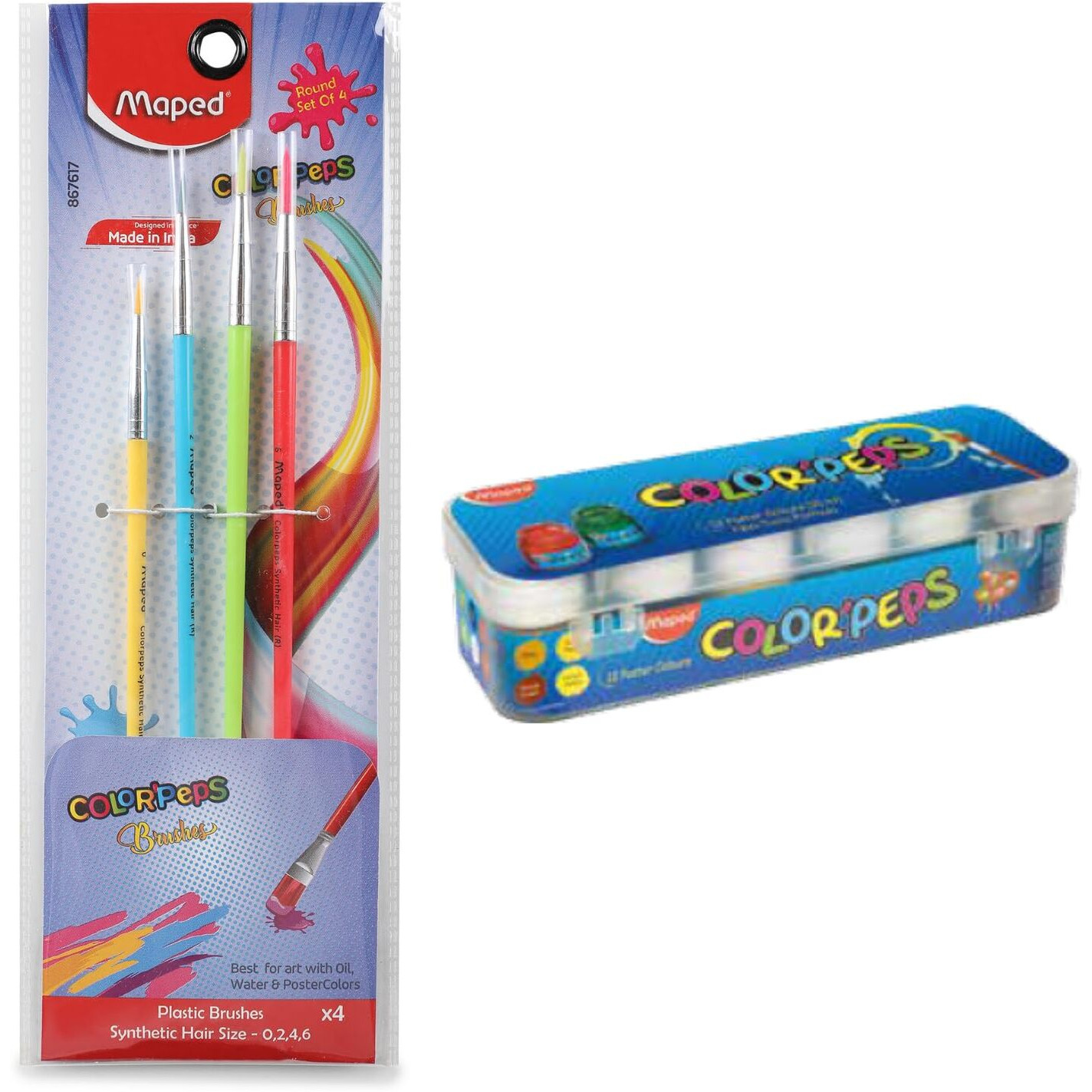 Maped Painting Kit - 12 Shade Of Poster Colours + 4 Plastic Handle Brushes-Round|Soft&Smooth Textured Poster Colours|Vibrant & Rich Shades Makes Painting Realistic|Soft Movement Bristles|Non-Toxic