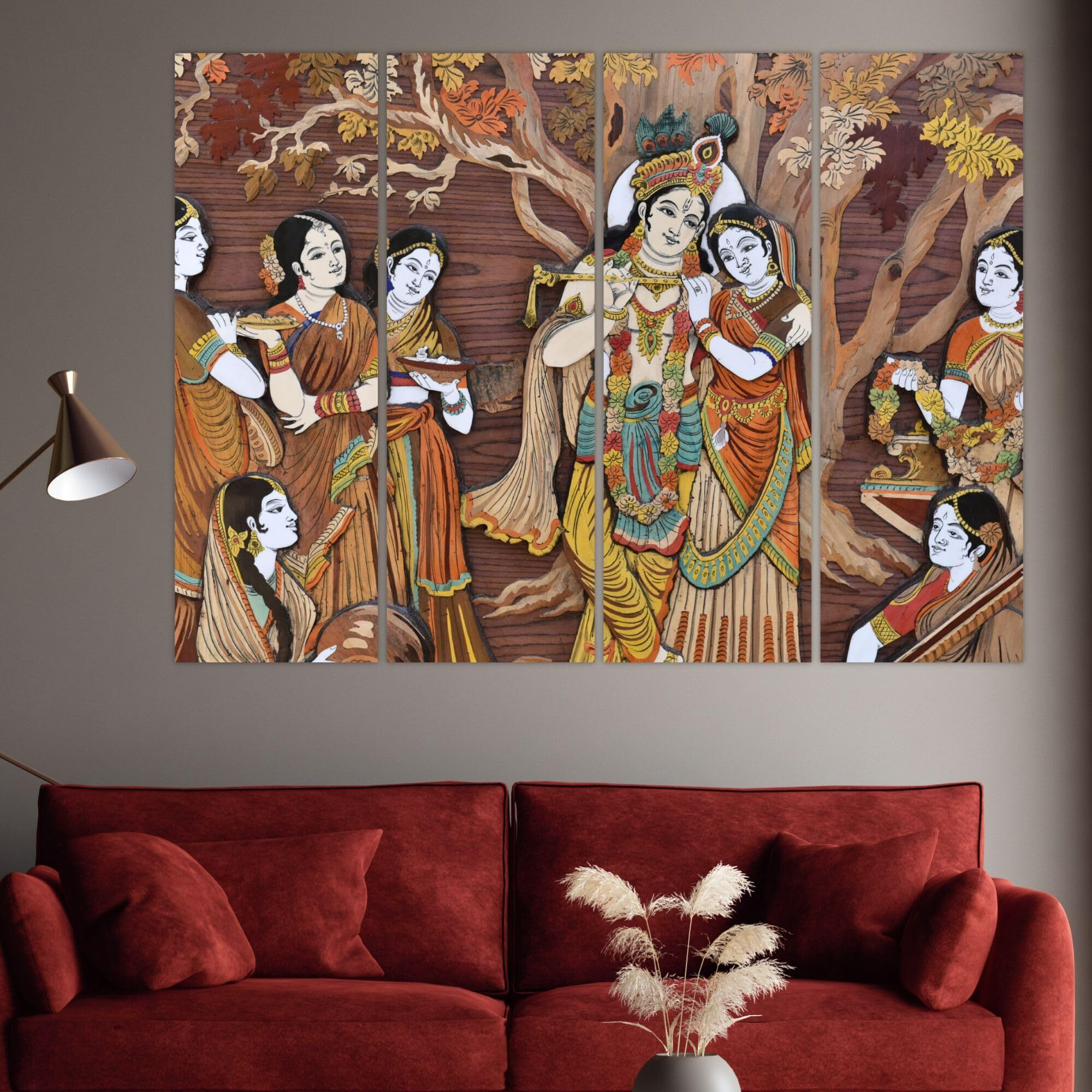Inephos Radha Krishna Divine Love Multiple Frames Wall Paintings - 33 X 24 Inches, Wooden, Ready To Hang, Set Of 4 Art Panels, 60_0177