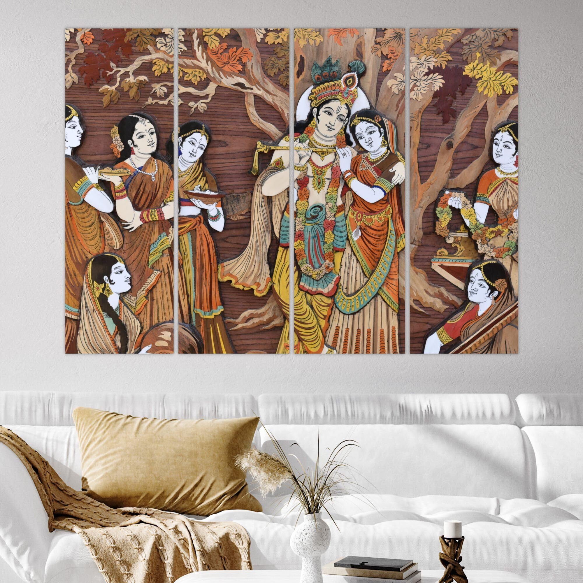Inephos Radha Krishna Divine Love Multiple Frames Wall Paintings - 33 X 24 Inches, Wooden, Ready To Hang, Set Of 4 Art Panels, 60_0177