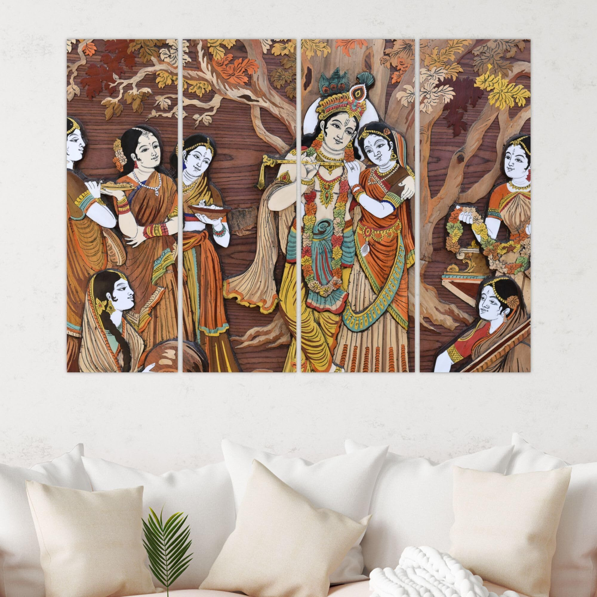 Inephos Radha Krishna Divine Love Multiple Frames Wall Paintings - 33 X 24 Inches, Wooden, Ready To Hang, Set Of 4 Art Panels, 60_0177
