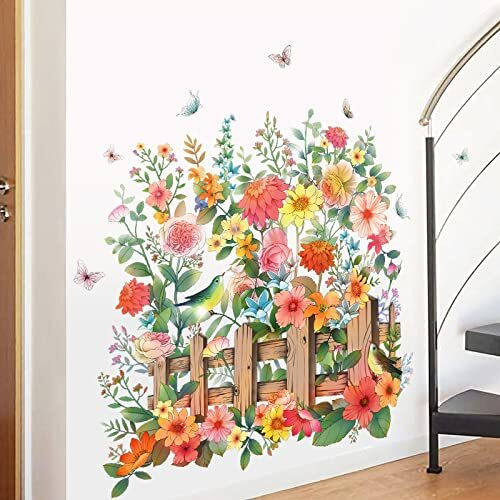 Jaamso Royals Fun Succulents Flowers With Fence Wall Stickers For Living Room Flowers, Floral Wall Stickers, Flower Sticker, Nature Wall Stickers, Garden Stickers For Walls Of Home (50 Cm*70 Cm)
