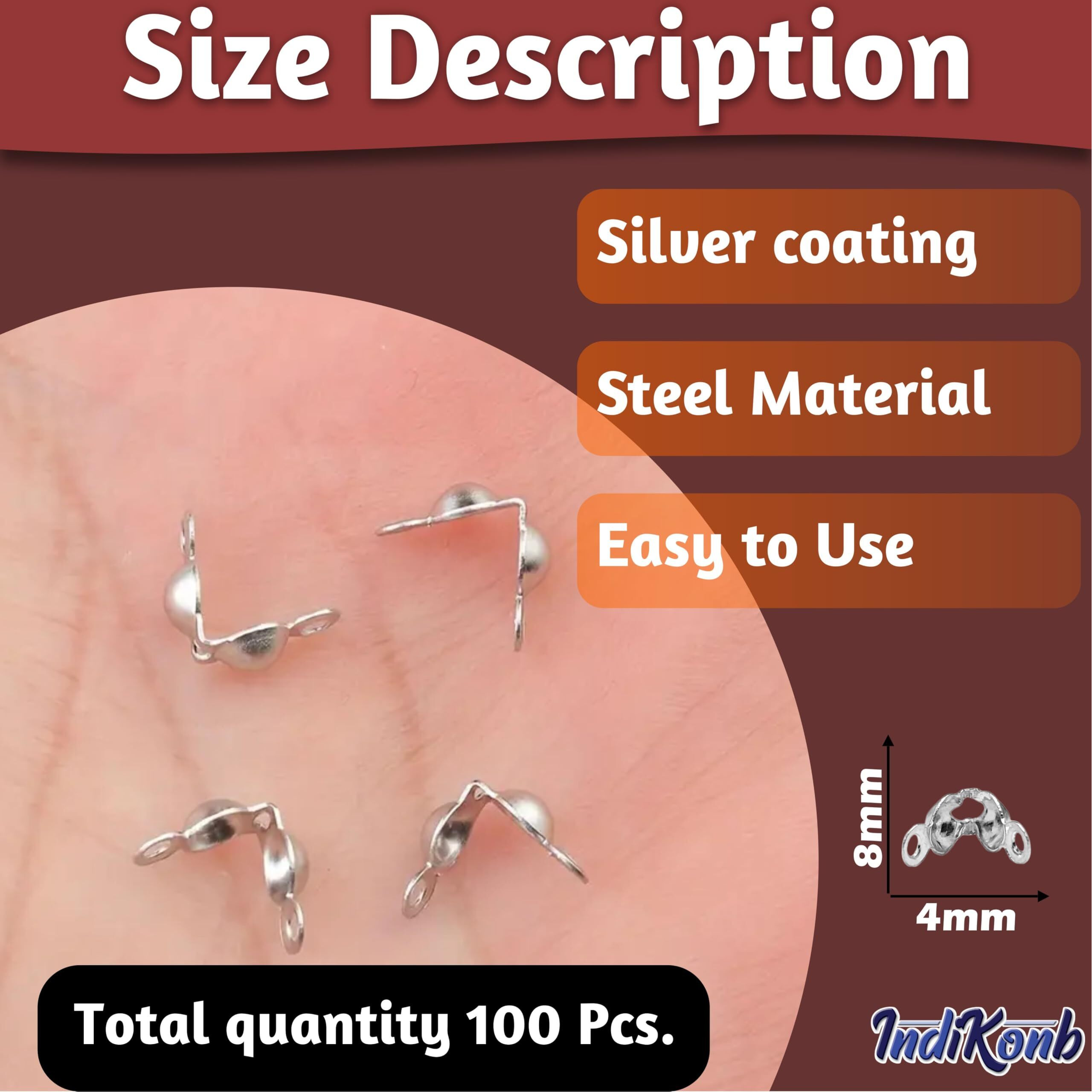 Indikonb Bead Tips Knot Covers | Clamshell Fold-Over Metal Open Knot Covers For Jewelry Making | Diy Accessory For Necklace & Bracelet | Pack Of 100 (Silver)