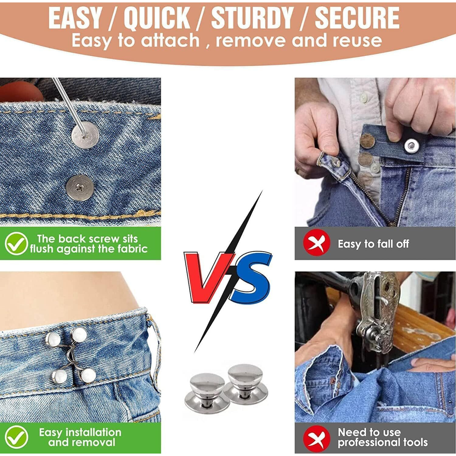Buransh 2 Pcs Jeans Button Pins Adjustable Jean Button Detachable Jean Button Pin No Sewing Required Perfect Fit Instant Jean Button (2, White Pearl)