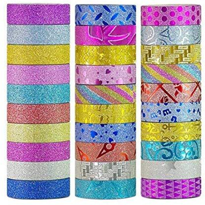 Eclet Pack Of 24Pcs Colorful Decorative Adhesive Glitter Tape Rolls, Color Tape, Designer Tape, Decorative Material Set Of 24 Pieces Craft Material Glitter Tape Decoration