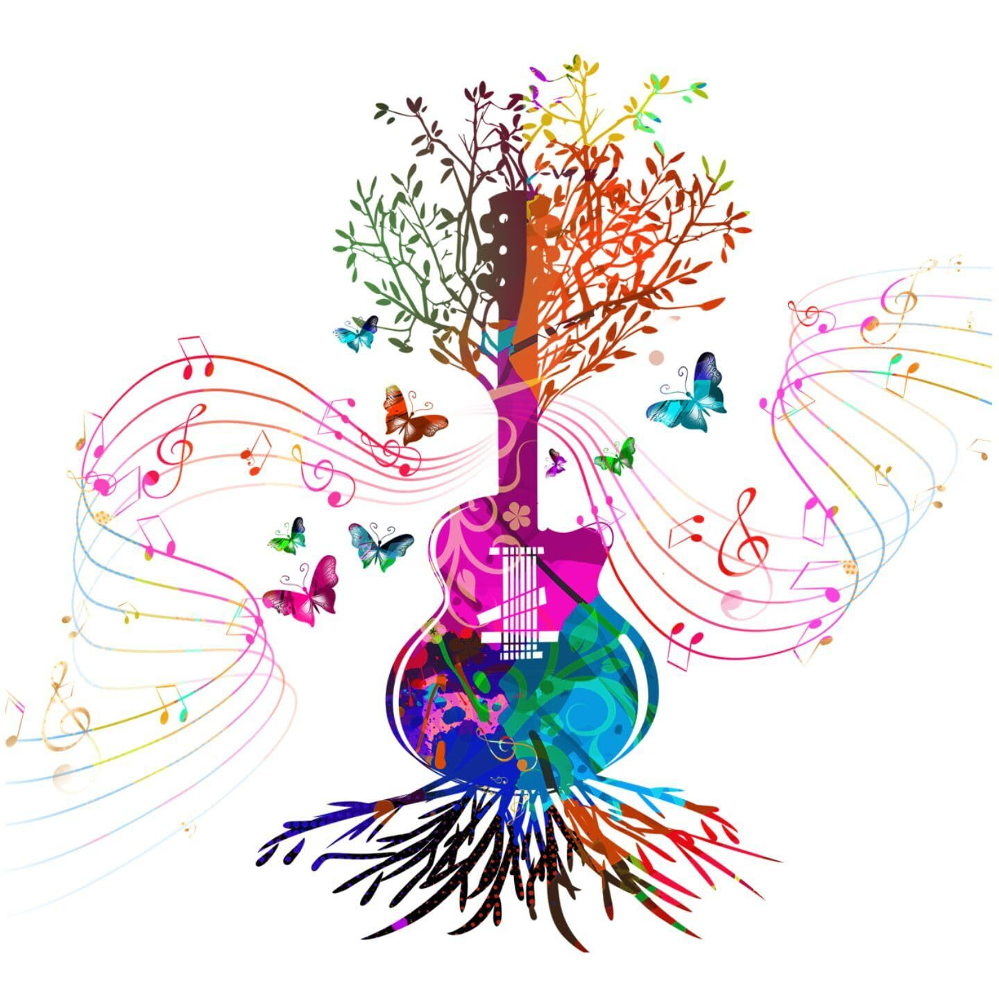 Sticker Yard Colorful Guitar Floral Tree Wall Decor For Kids Room, Hall, Kitchen, Living Room, Bedroom - Vinyl Multicolor Sticker (Standard Size 55X51Cm)