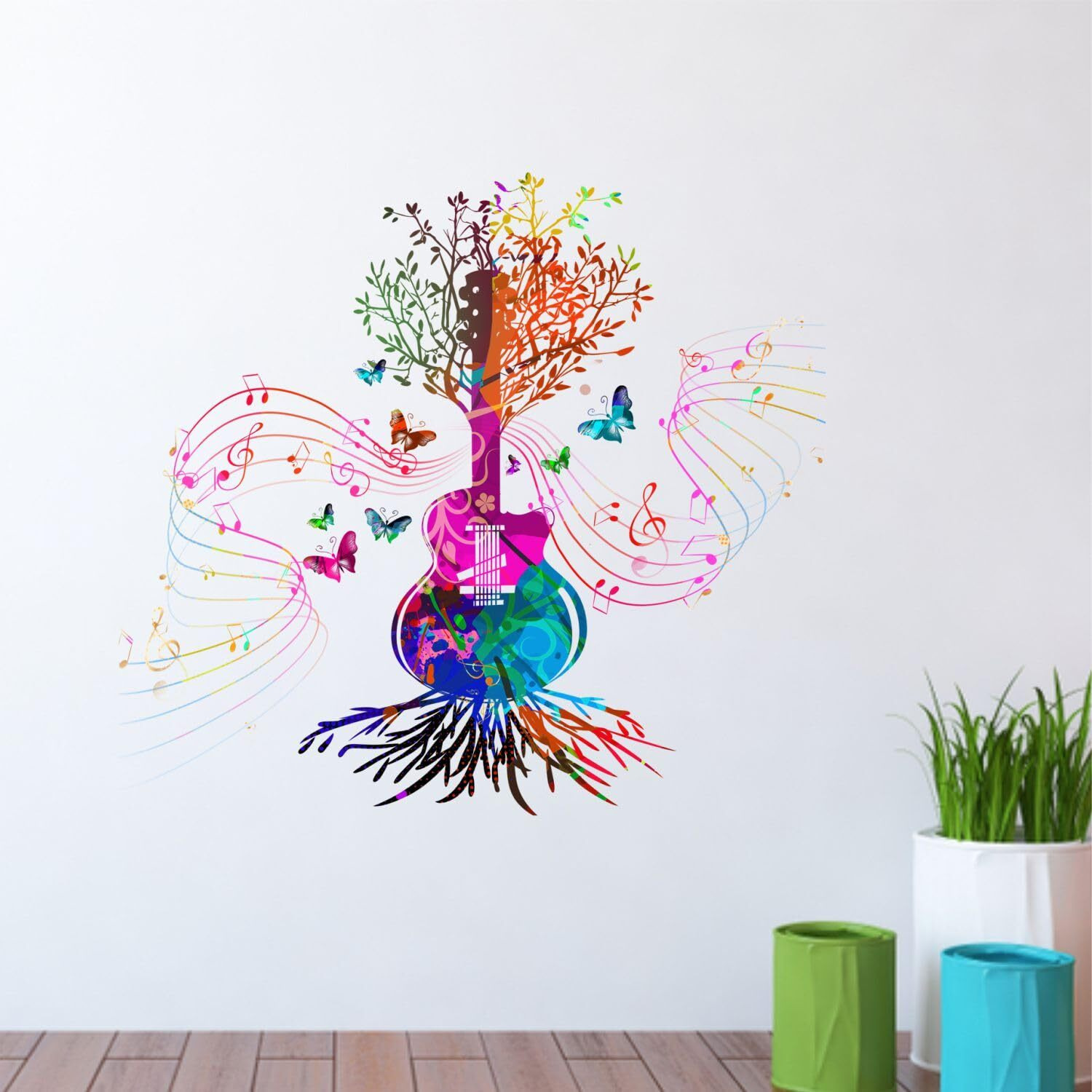 Sticker Yard Colorful Guitar Floral Tree Wall Decor For Kids Room, Hall, Kitchen, Living Room, Bedroom - Vinyl Multicolor Sticker (Standard Size 55X51Cm)