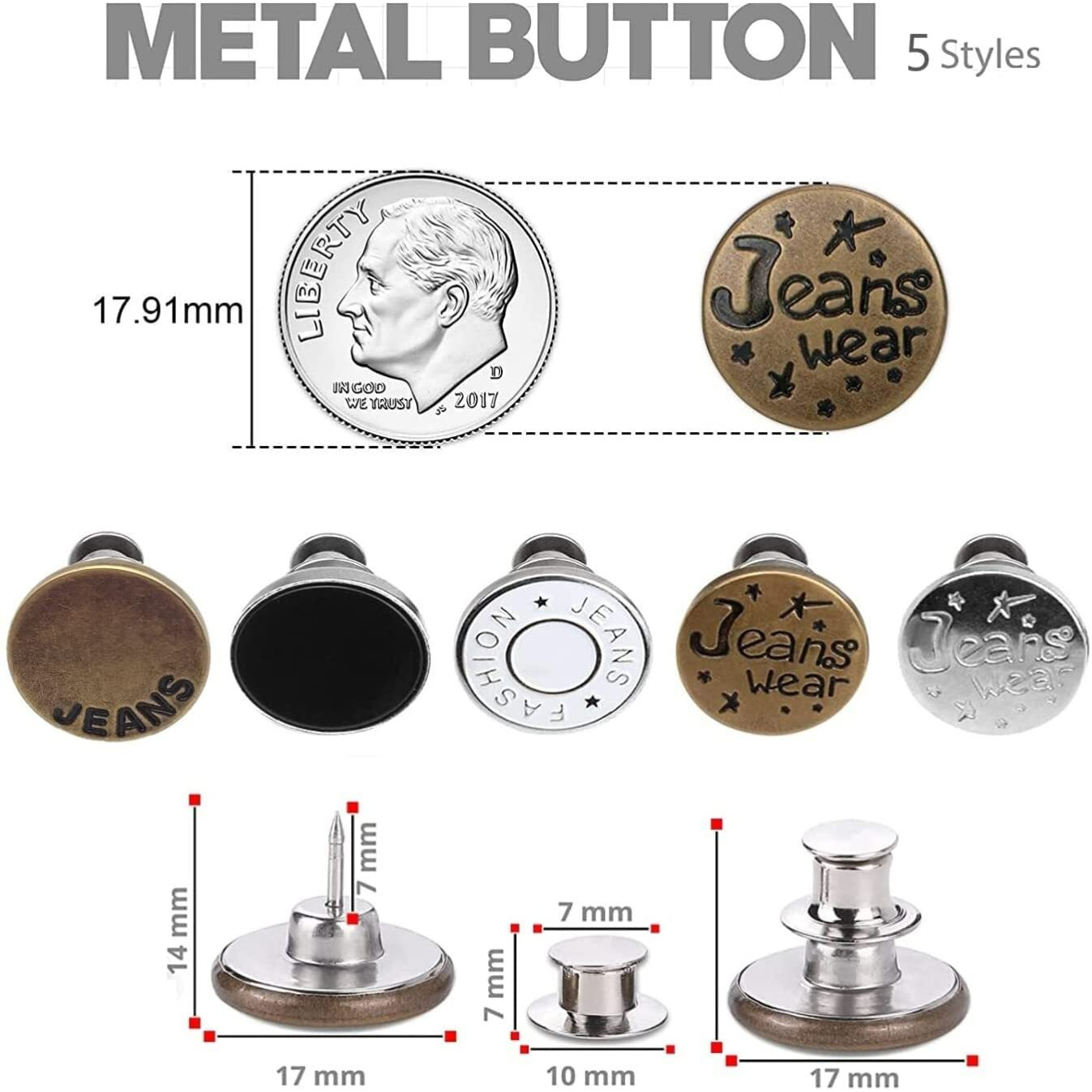 Heavy Driver 5Pcs Detachable Button For Jeans 5 Styles No Sew Metal Buttons For Denims Waist Extender Button Removable Reusable Instant Button Without Sewing For Trousers Pants Bags Skirt (Style A)
