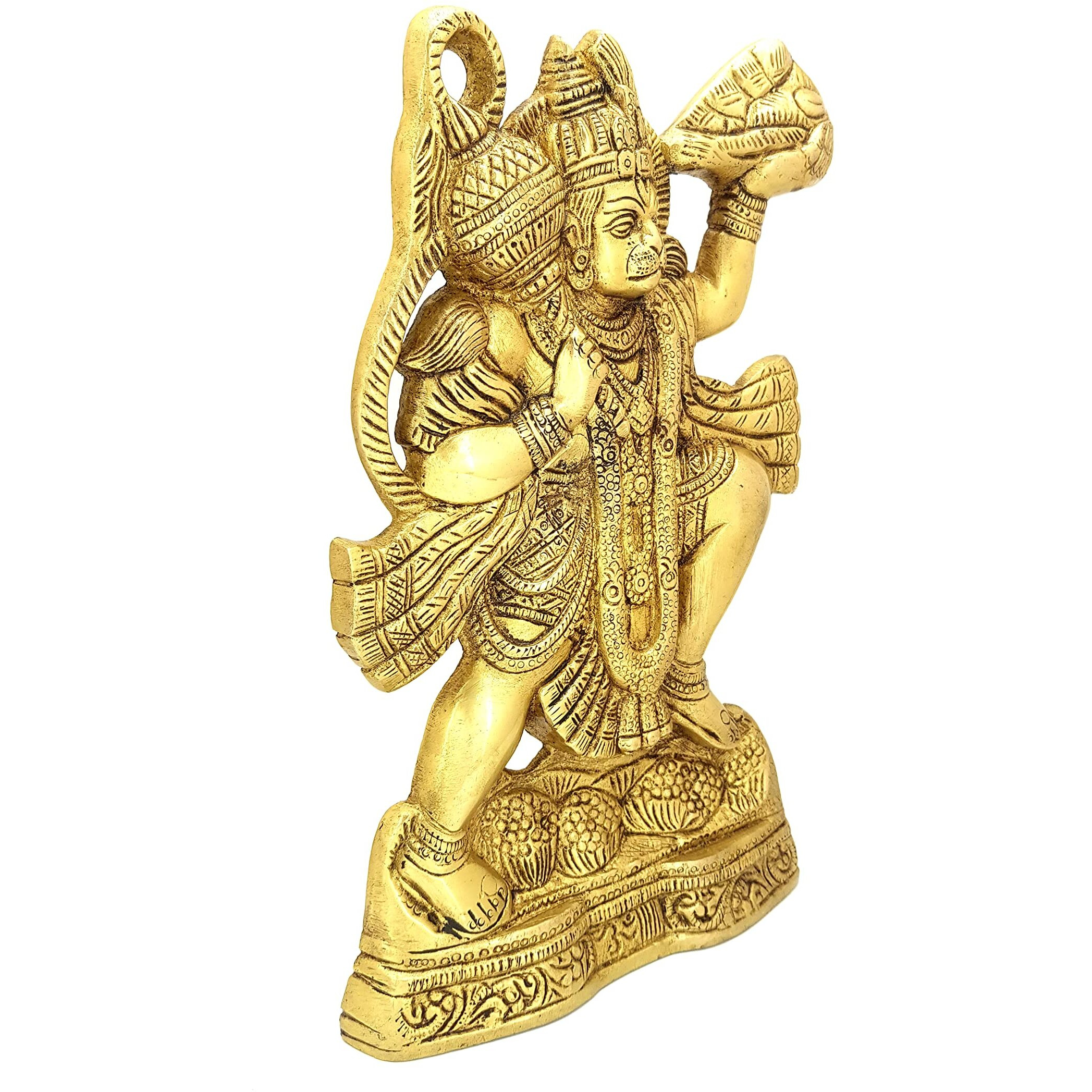 Two Moustaches Brass 10 Inches Mahabali Hanuman With Sanjeevani Parvat Wall Hanging