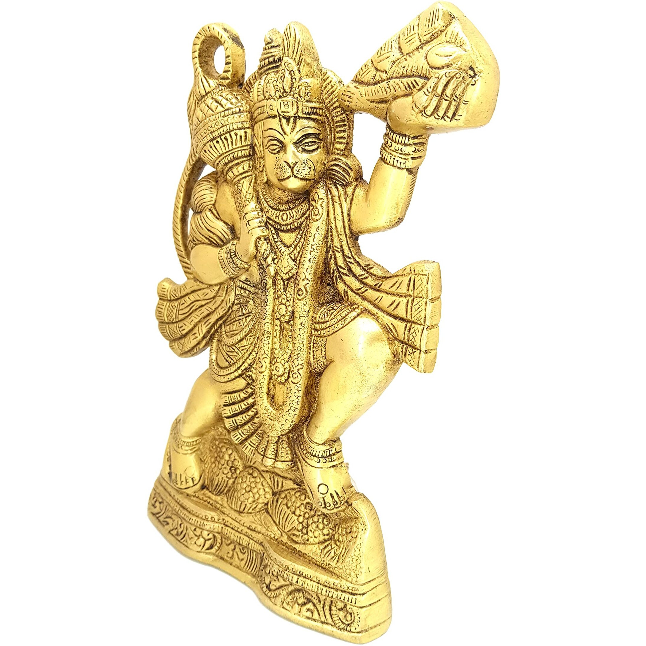 Two Moustaches Brass 10 Inches Mahabali Hanuman With Sanjeevani Parvat Wall Hanging
