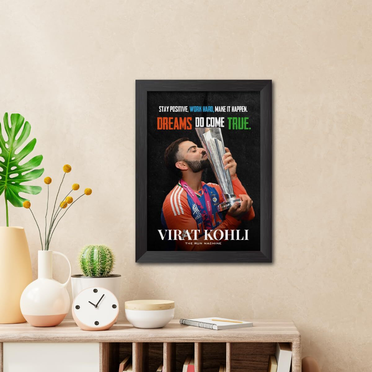 Tenorarts Virat Kohli Worldcup T20 Trophy Poster Indian Cricket Photo Framed Painting With Matt Finish Black Textures (12 Inches X 9Inches)