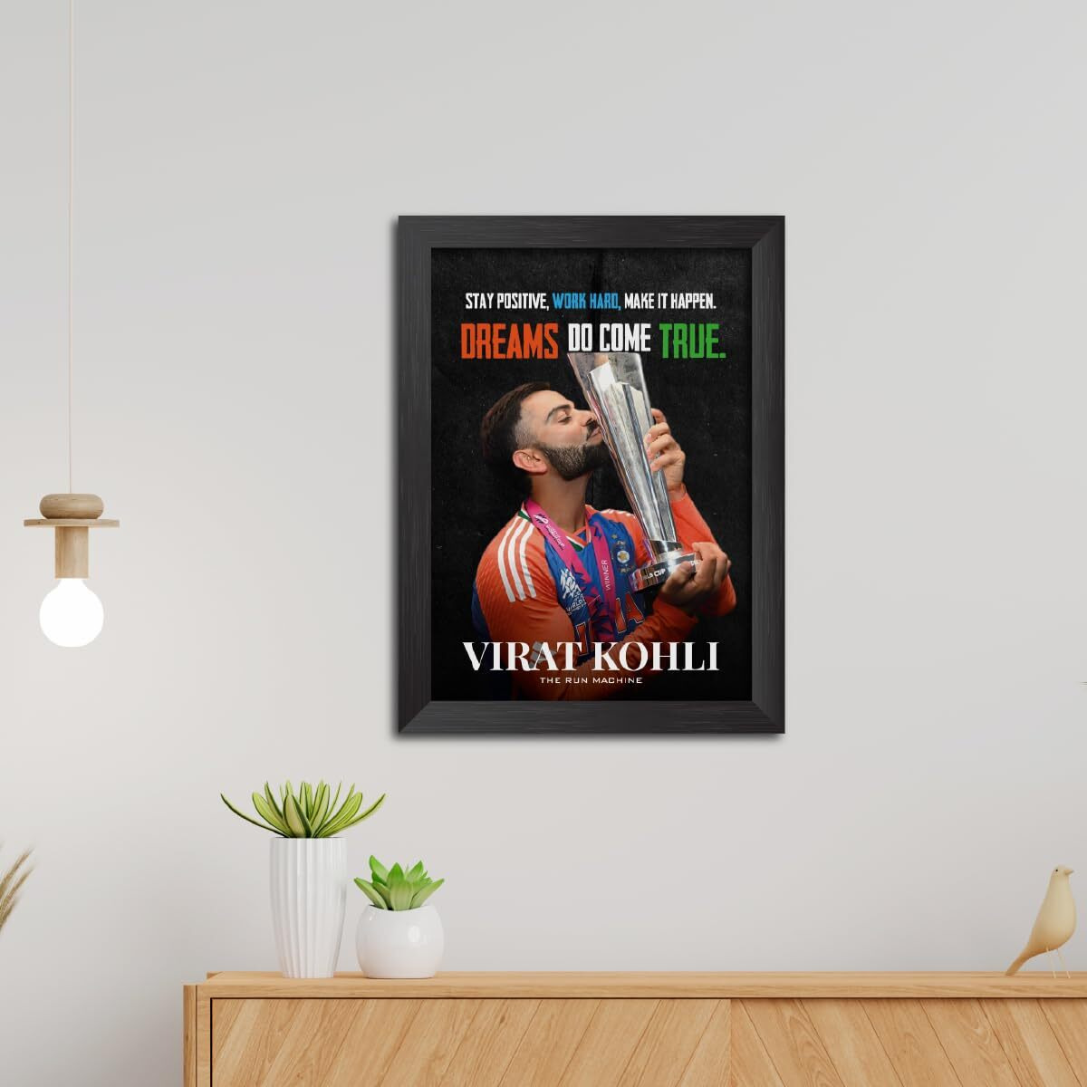 Tenorarts Virat Kohli Worldcup T20 Trophy Poster Indian Cricket Photo Framed Painting With Matt Finish Black Textures (12 Inches X 9Inches)