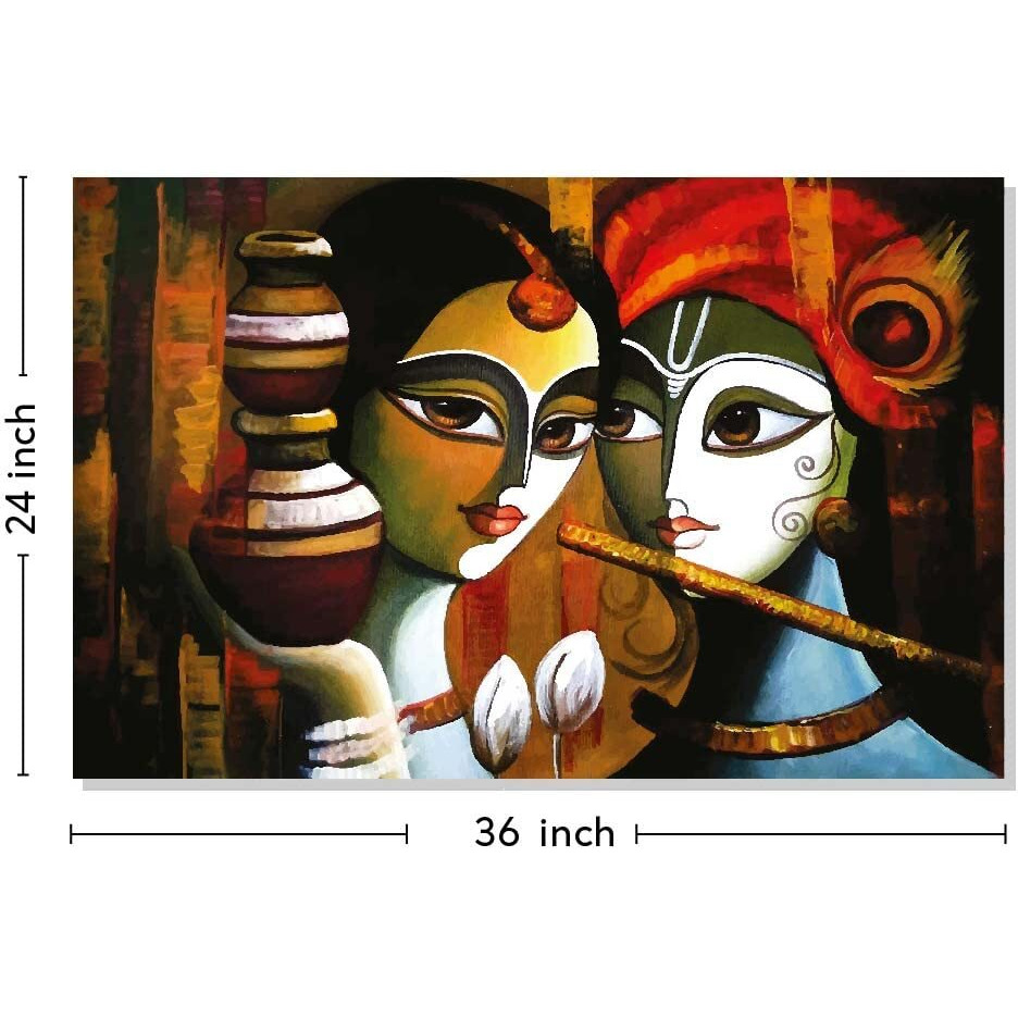 Rangoli 100% Cotton Stretched Canvas Painting 400 Gsm, Framed Radha Krishna Abstract Wall Art For Living Room, 3D Paintings For Wall Decor (36 X 24 Inch With Frame)