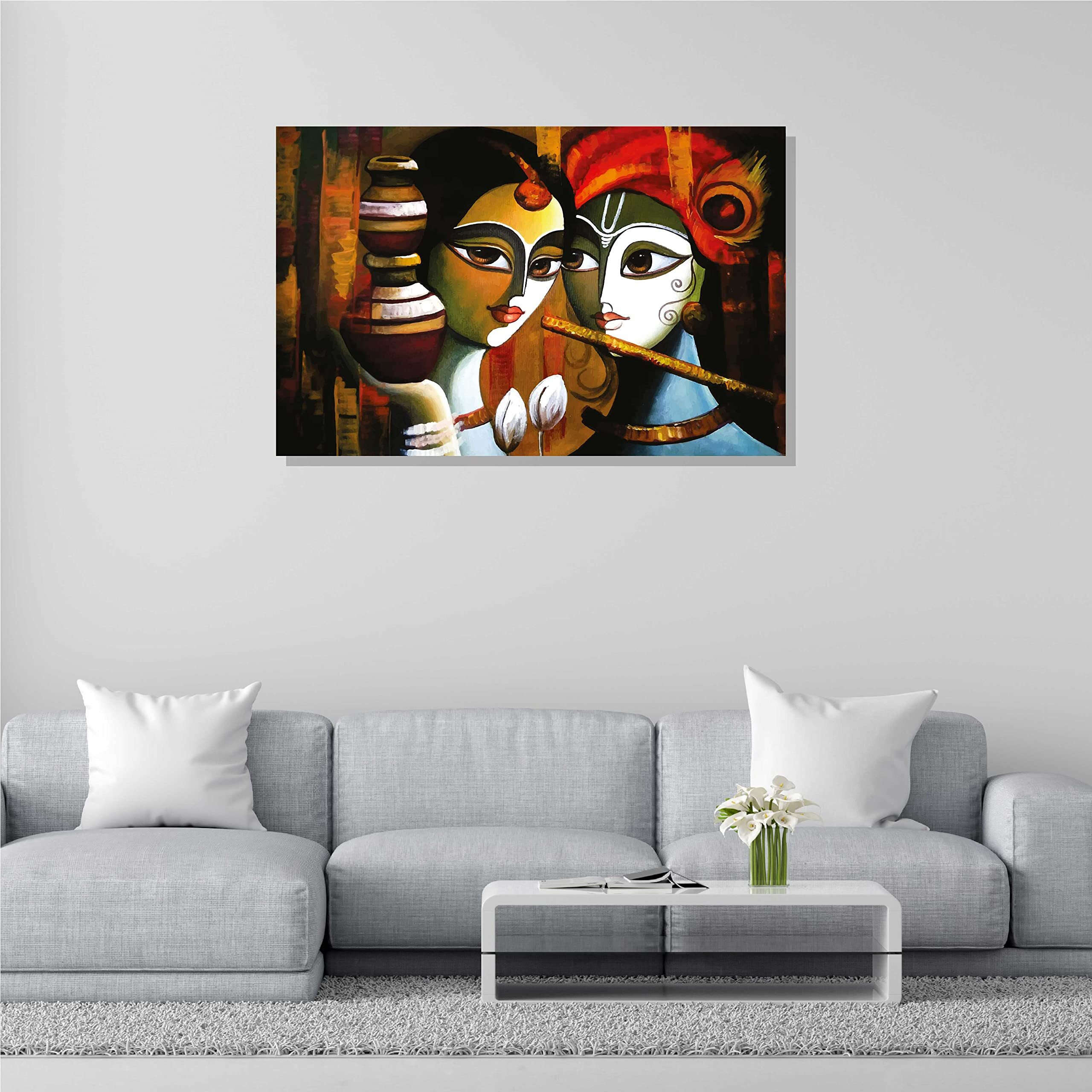 Rangoli 100% Cotton Stretched Canvas Painting 400 Gsm, Framed Radha Krishna Abstract Wall Art For Living Room, 3D Paintings For Wall Decor (36 X 24 Inch With Frame)