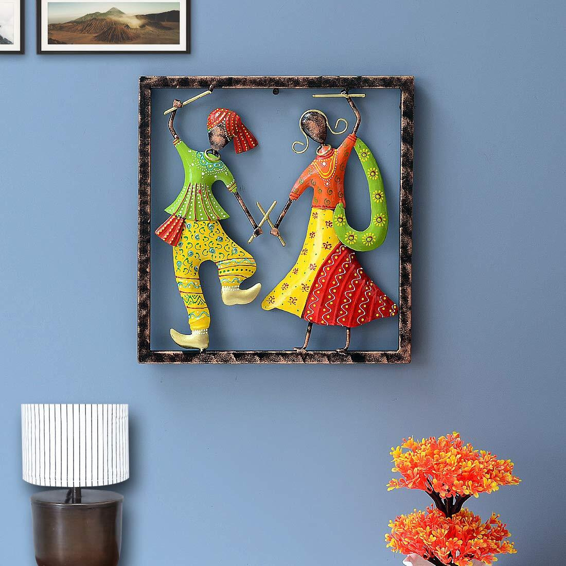 Desert Art Gujrati Dance Couple Iron Wall Art Frame In Yellow Colour (33.02 X5.08 X33.02) Cm