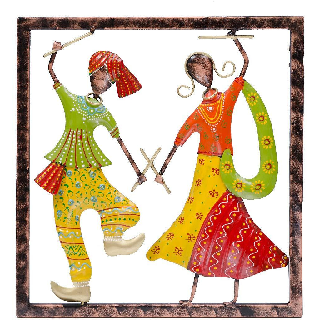 Desert Art Gujrati Dance Couple Iron Wall Art Frame In Yellow Colour (33.02 X5.08 X33.02) Cm