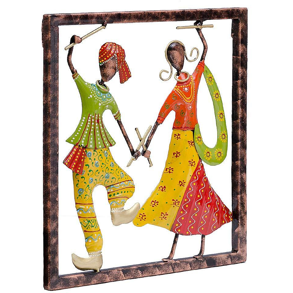 Desert Art Gujrati Dance Couple Iron Wall Art Frame In Yellow Colour (33.02 X5.08 X33.02) Cm
