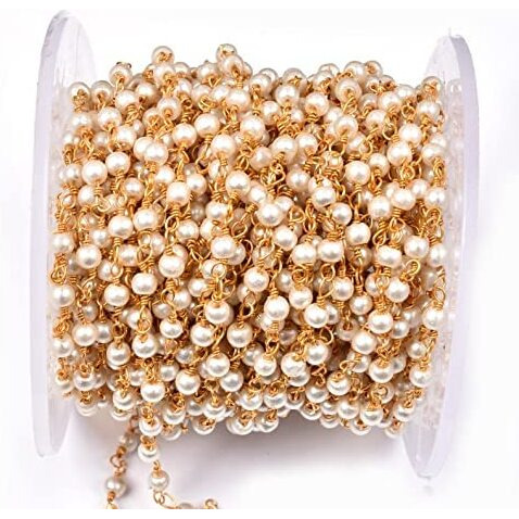 Beadsnfashion Fine Quality Glass Pearl Beads Aati Chain In Long Lasting Brass Wire 3 Mm For Jewelry Making, Embellishing Handbags, Garments And Diy Projects, Pack Of 5 Mtrs, White