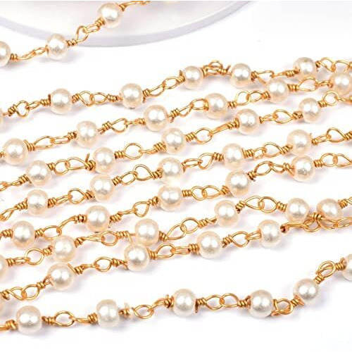 Beadsnfashion Fine Quality Glass Pearl Beads Aati Chain In Long Lasting Brass Wire 3 Mm For Jewelry Making, Embellishing Handbags, Garments And Diy Projects, Pack Of 5 Mtrs, White