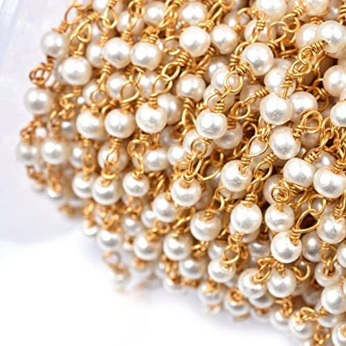 Beadsnfashion Fine Quality Glass Pearl Beads Aati Chain In Long Lasting Brass Wire 3 Mm For Jewelry Making, Embellishing Handbags, Garments And Diy Projects, Pack Of 5 Mtrs, White
