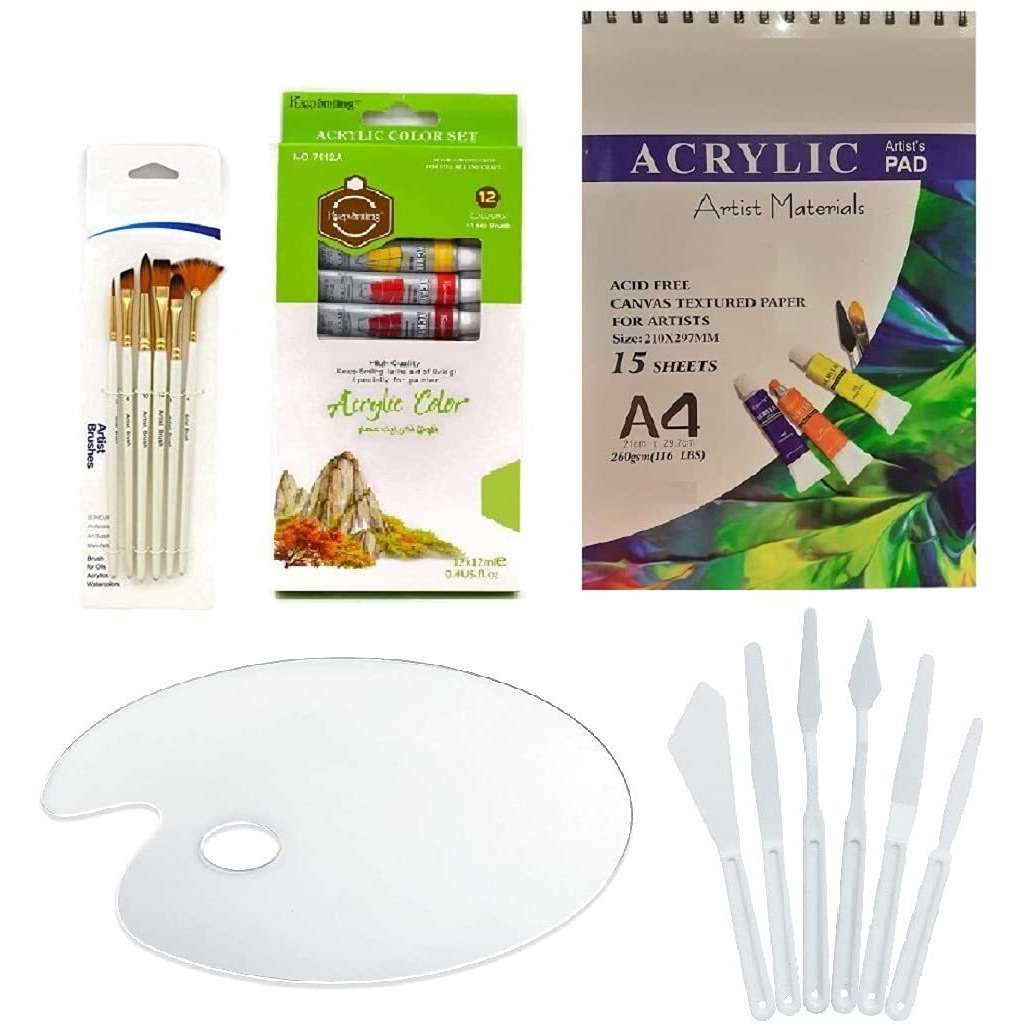 Artbee Acrylic Painting Kit With A4 Canvas Book With 260 Gsm 15 Sheets 12 Colors 12 Ml Acrylic Color 6 Painting Brush 6 Pcs Plastic Painting Knifes And Painting Palette