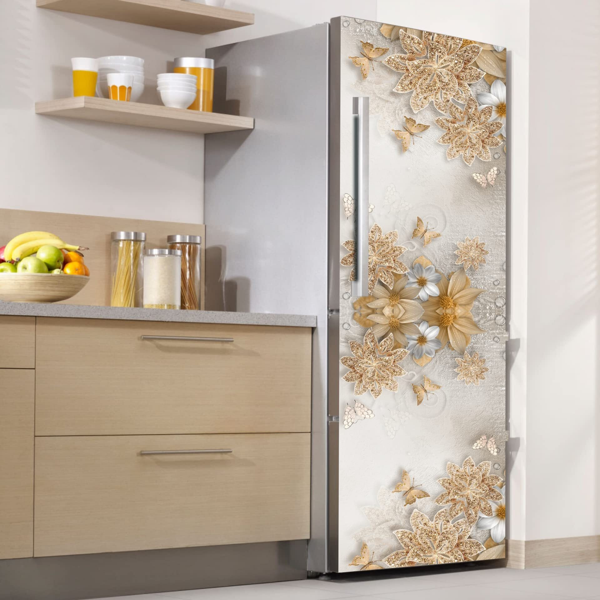 Sai Arts Decorative Little Flowers Design For Single Door, Double Door Fridge Sticker/Wallpaper Poster Self Adhesive Vinyl Waterproof Sticker For Kitchen Decoration (Size 61X160 Cm) (Fridge13)