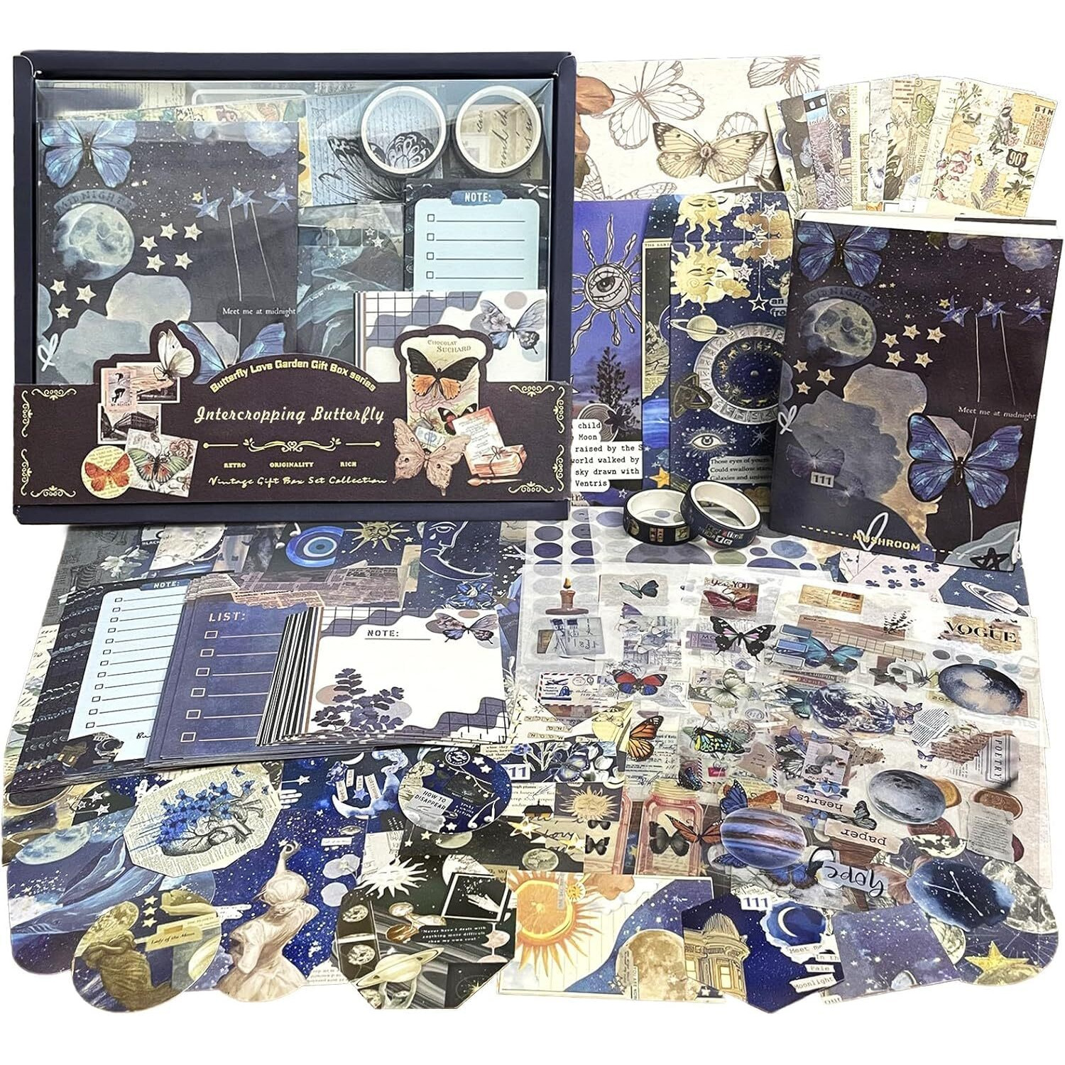 Funblast Aesthetic Scrapbooking Kit  213 Pcs Vintage Junk Journal Supplies With Scrapbook Paper, Washi Stickers, A6 Grid Notebook, Diy Craft Journaling Gift For Teen, Girl, Adult (Navyblue)