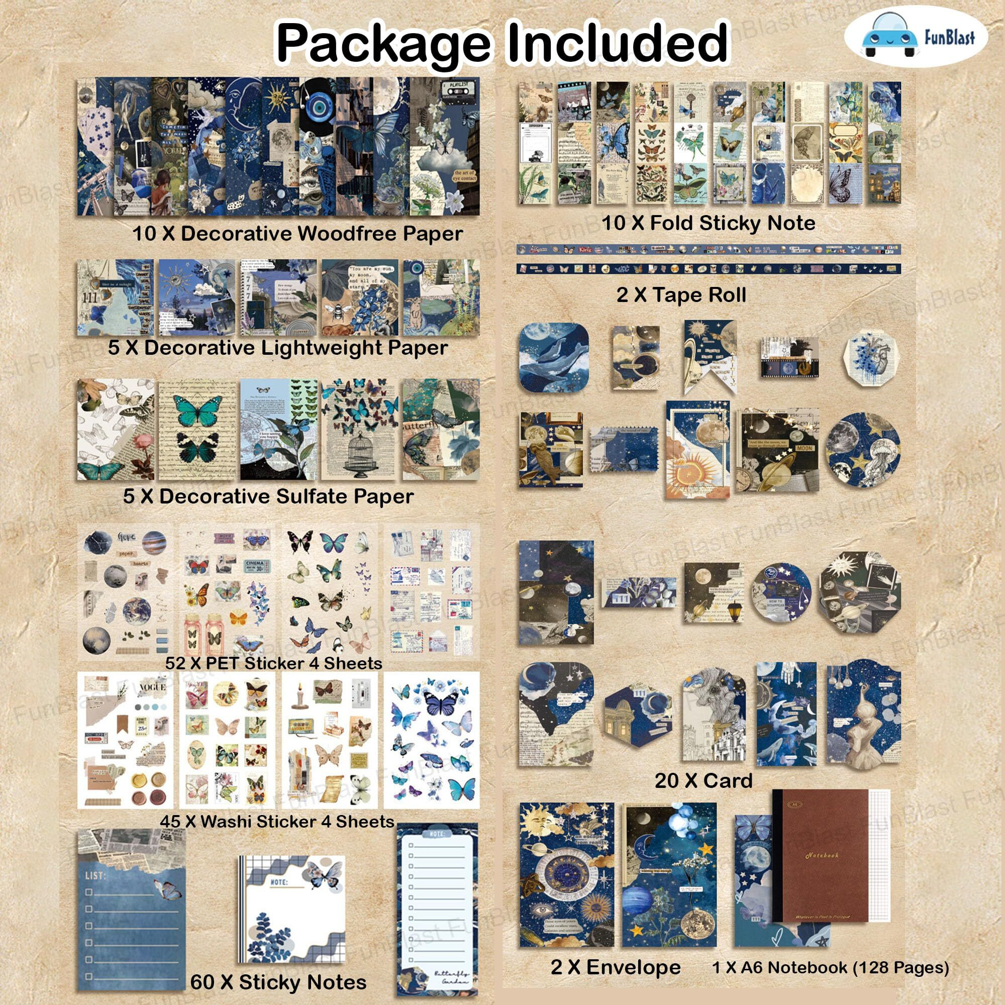 Funblast Aesthetic Scrapbooking Kit  213 Pcs Vintage Junk Journal Supplies With Scrapbook Paper, Washi Stickers, A6 Grid Notebook, Diy Craft Journaling Gift For Teen, Girl, Adult (Navyblue)