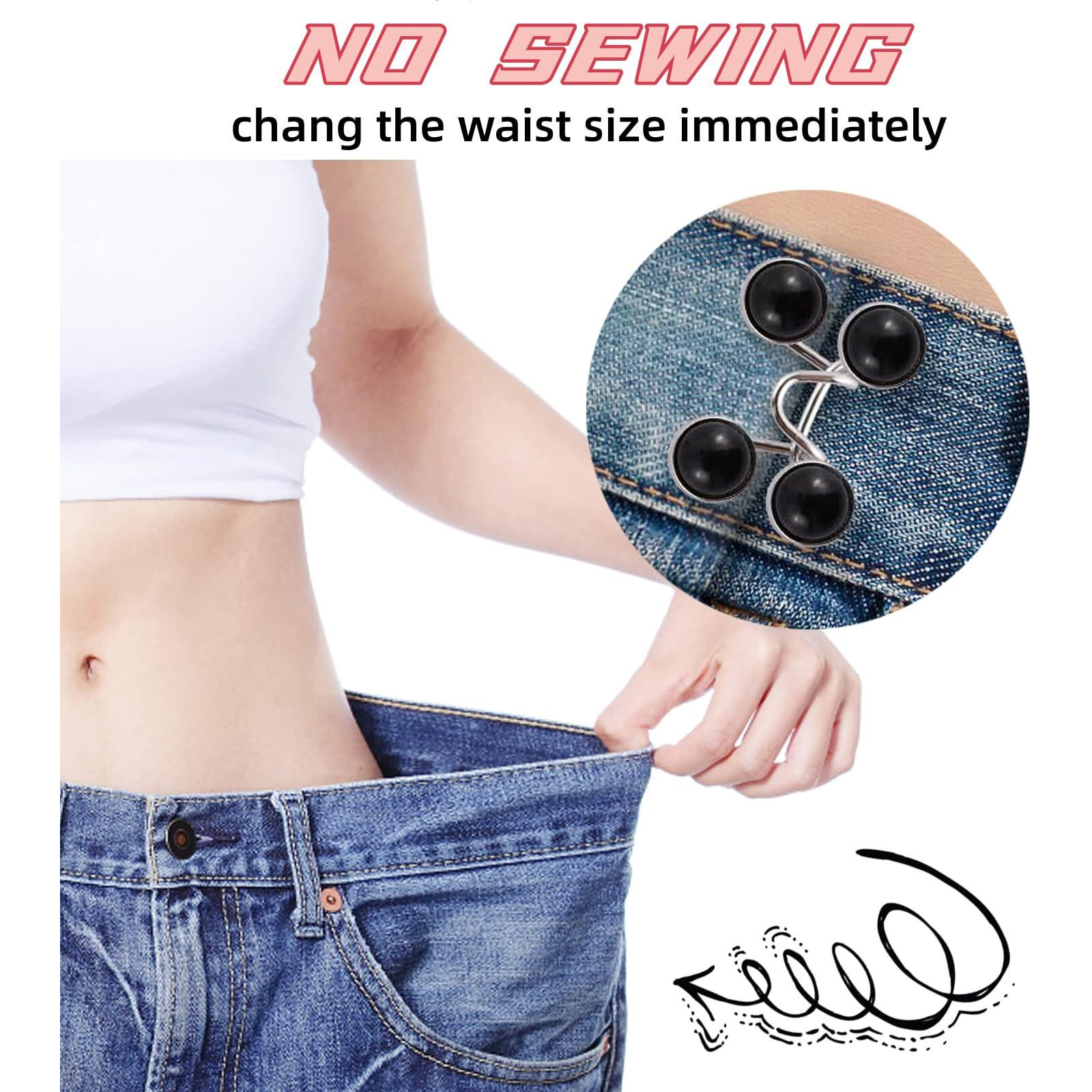 Detachable Buttons For Jeans,2 Sets Adjustable Waist Buckle Extender For Jeans Waist Tightener Instant Jean Buttons For Loose Jeans Pants Dress, No Sewing Required Detachable Jean Pin (Black Pearl)