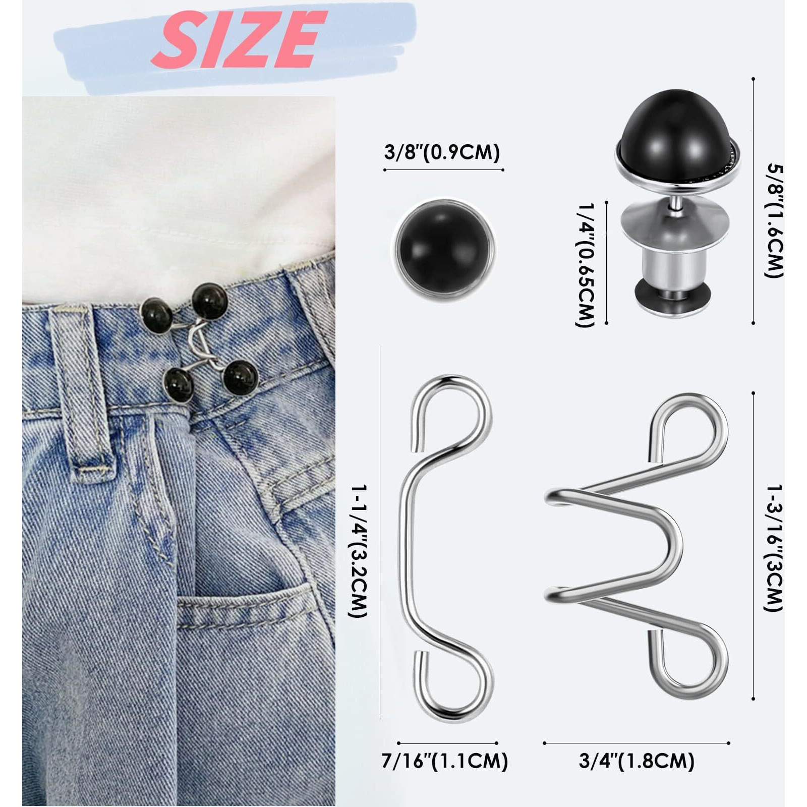 Detachable Buttons For Jeans,2 Sets Adjustable Waist Buckle Extender For Jeans Waist Tightener Instant Jean Buttons For Loose Jeans Pants Dress, No Sewing Required Detachable Jean Pin (Black Pearl)