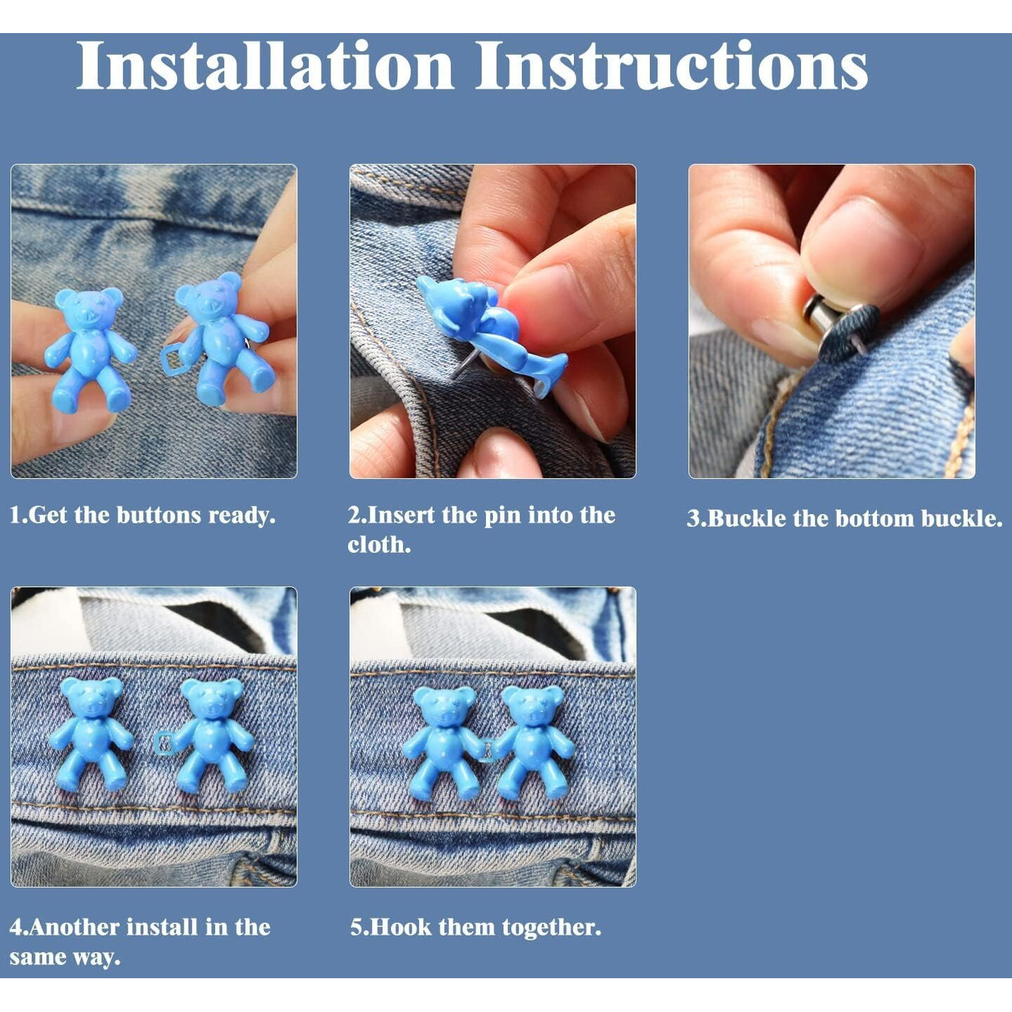 Klvs Jeans Button, Adjustable Jean Button Pin, Detachable Decorative Waist Buckles, No Sewing Required, Perfect Fit Tighten Waist Adjustment Instant Button For Pants Trouser (Teddy Blue)